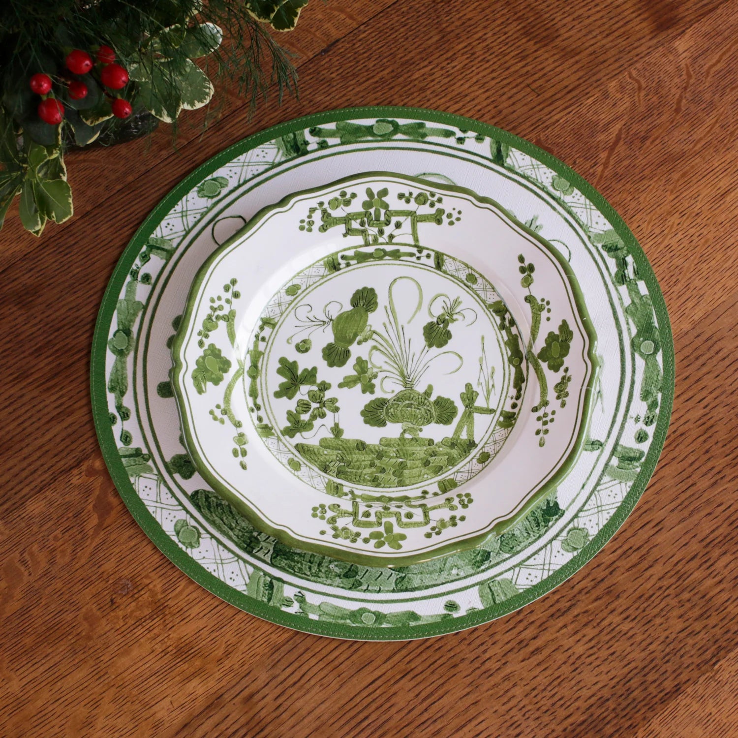 VIDA Faenza 11" Dinner Plate Set of 4 (White and Green)