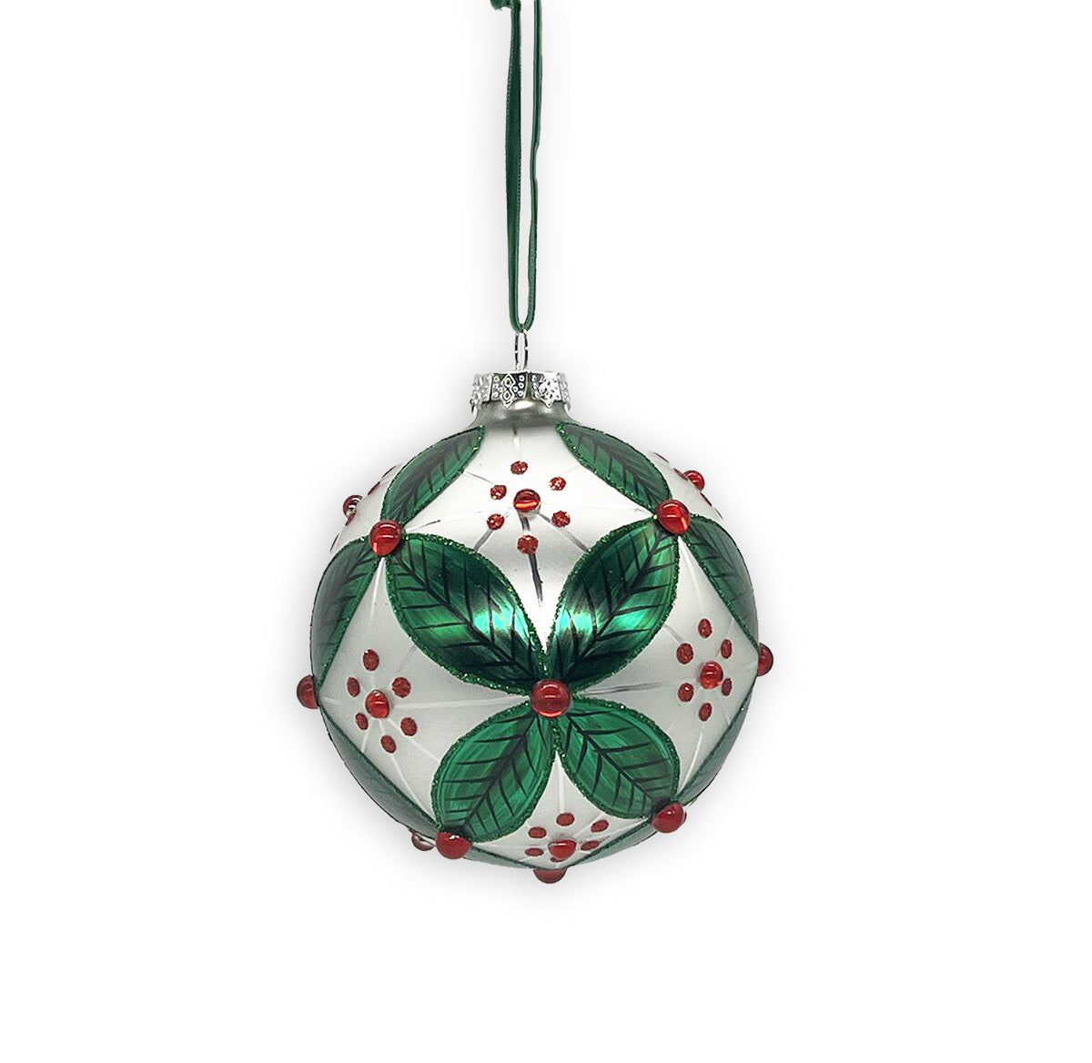 100mm Glass Painted Holly Ornament - White, Red, Green