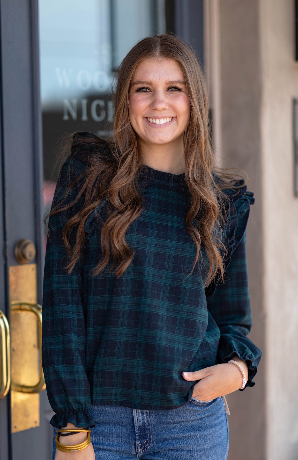 Plaid Ruffle Shoulder Blouse