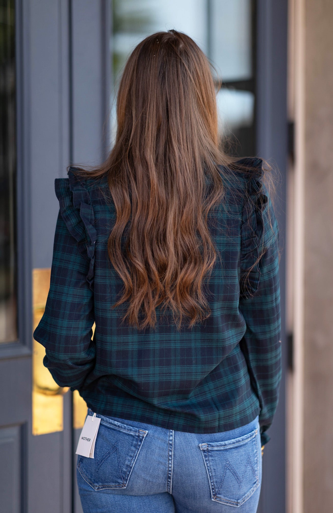 Plaid Ruffle Shoulder Blouse