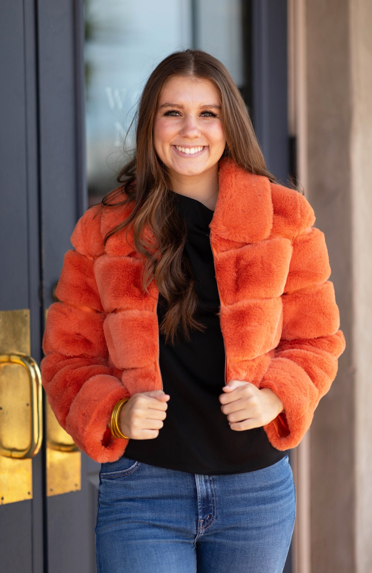 Panel Collared Faux Fur Jacket