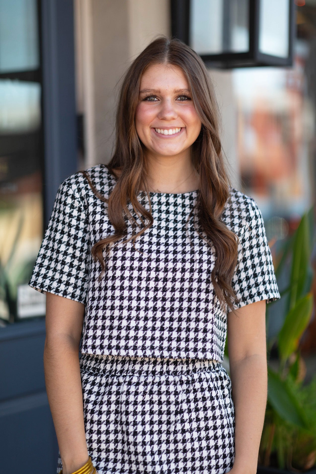 Nina  Houndstooth Crop Blouse