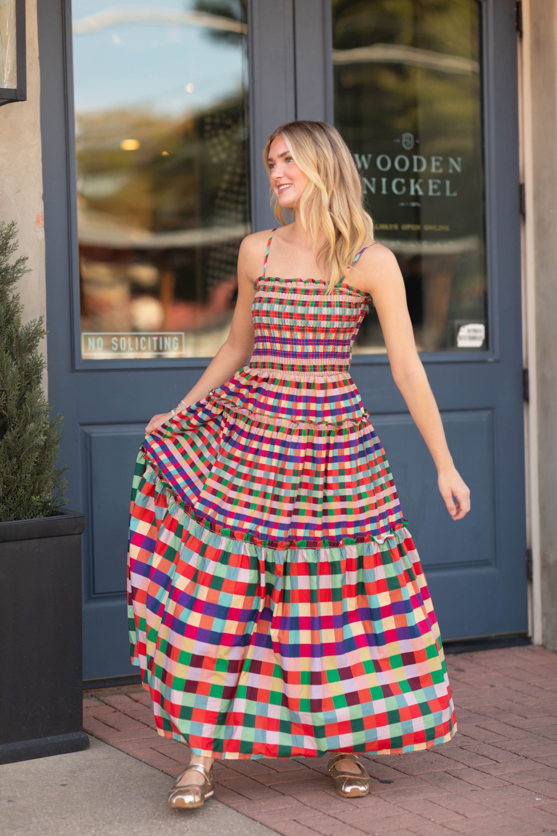 Smocked Bodice Plaid Tiered Maxi Dress