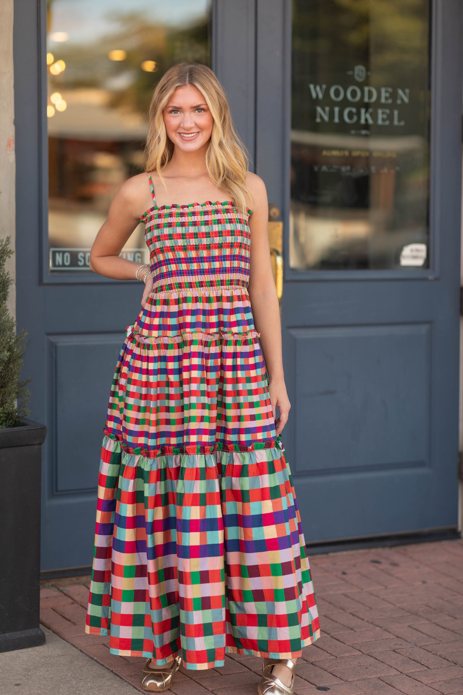 Smocked Bodice Plaid Tiered Maxi Dress