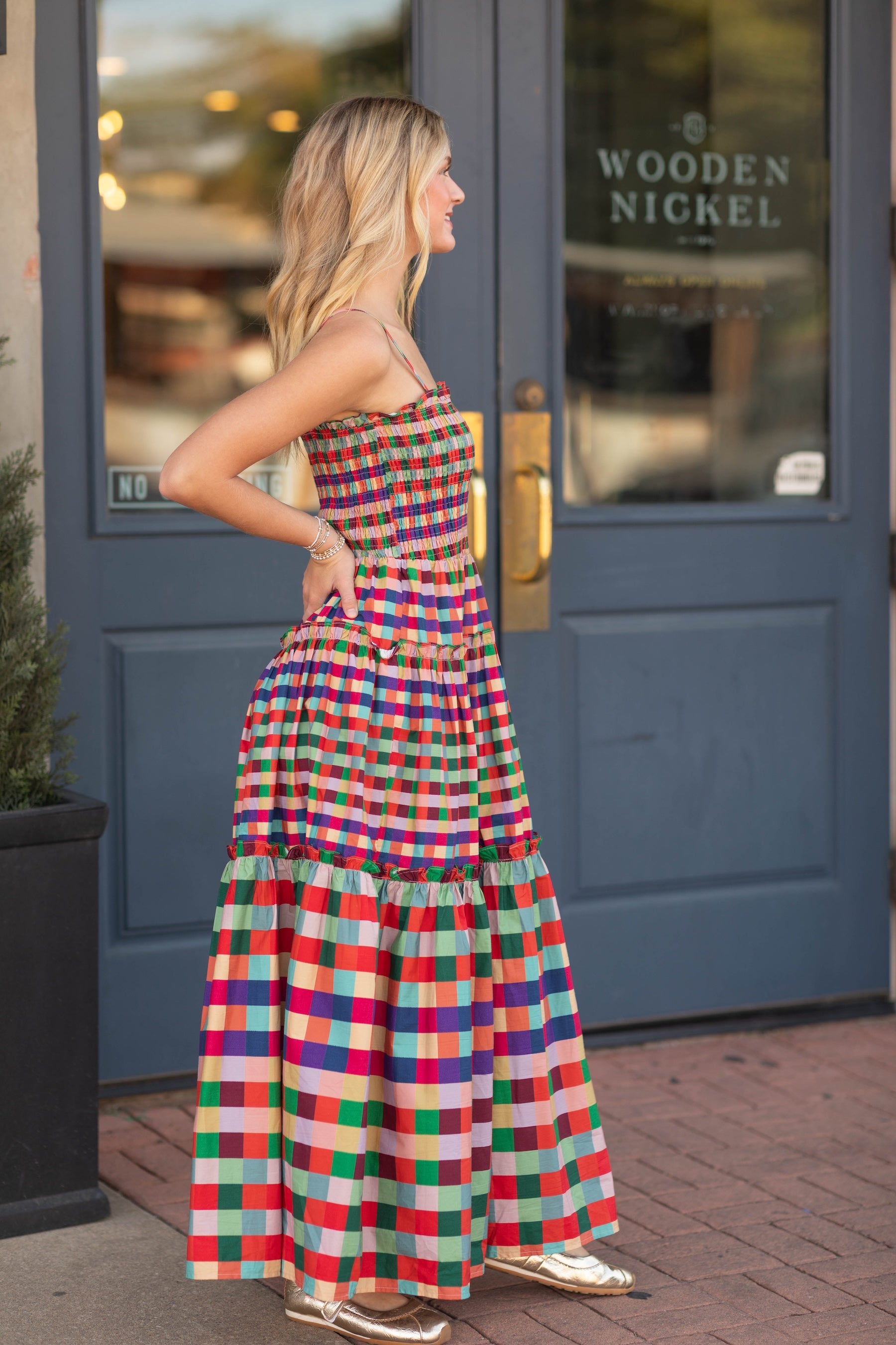 Smocked Bodice Plaid Tiered Maxi Dress