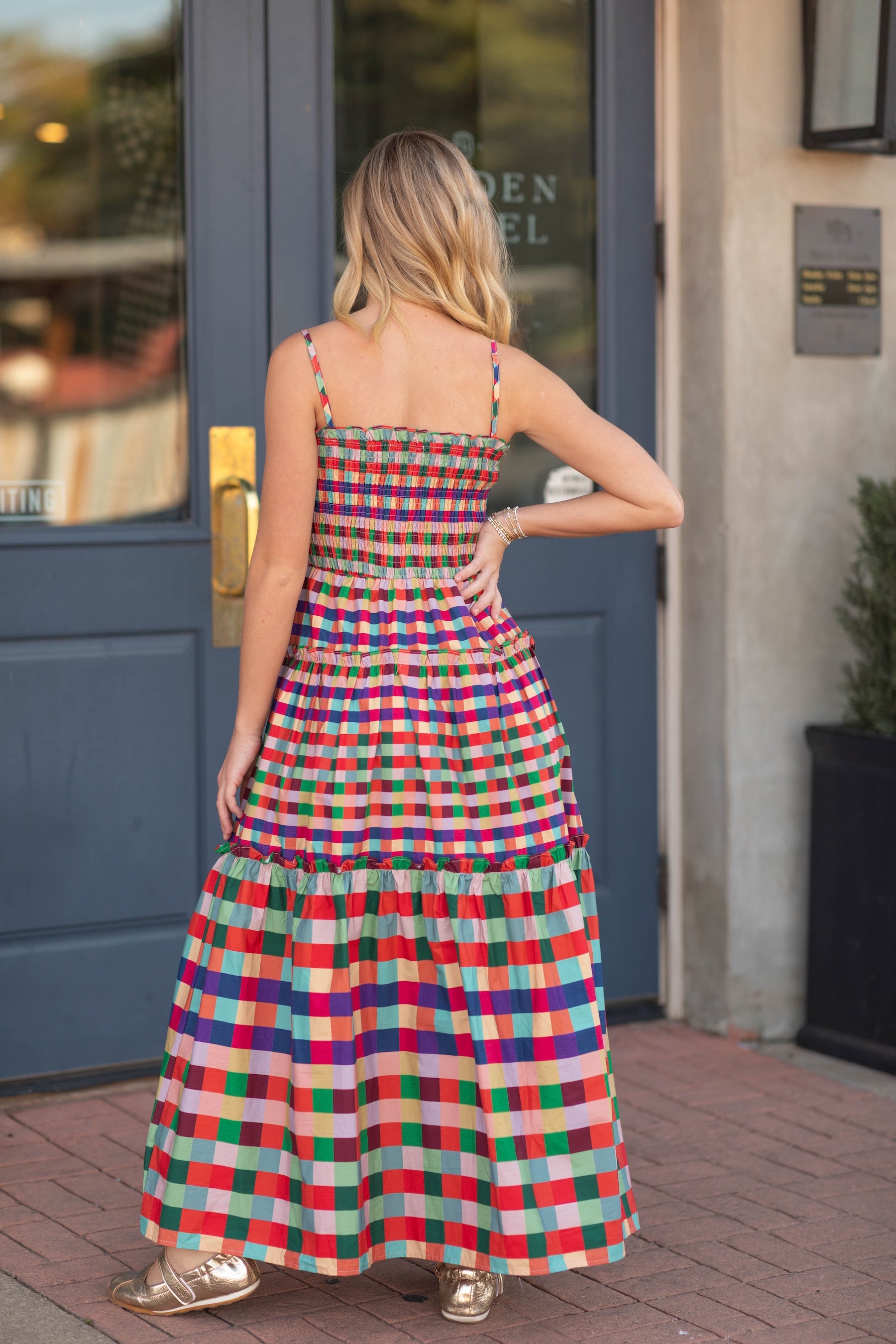 Smocked Bodice Plaid Tiered Maxi Dress