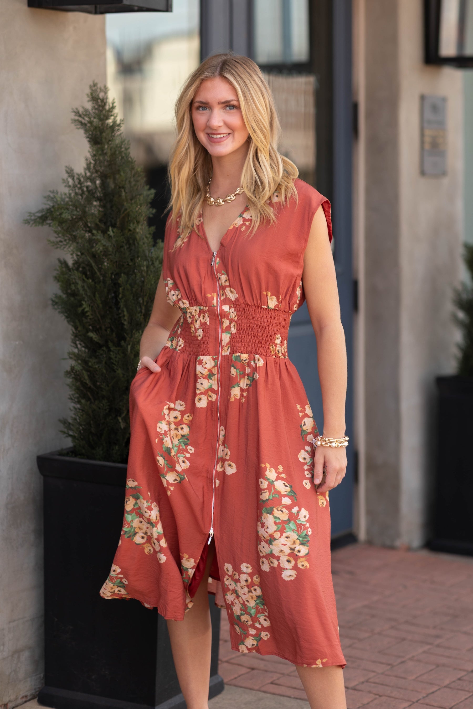 Sleeveless Floral Zipper Midi Dress