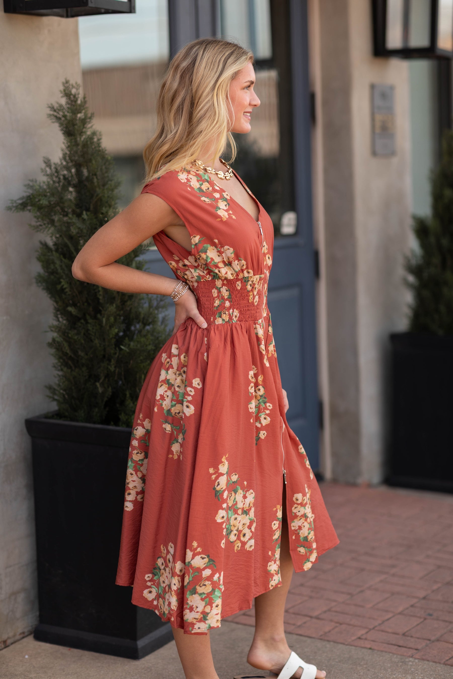 Sleeveless Floral Zipper Midi Dress