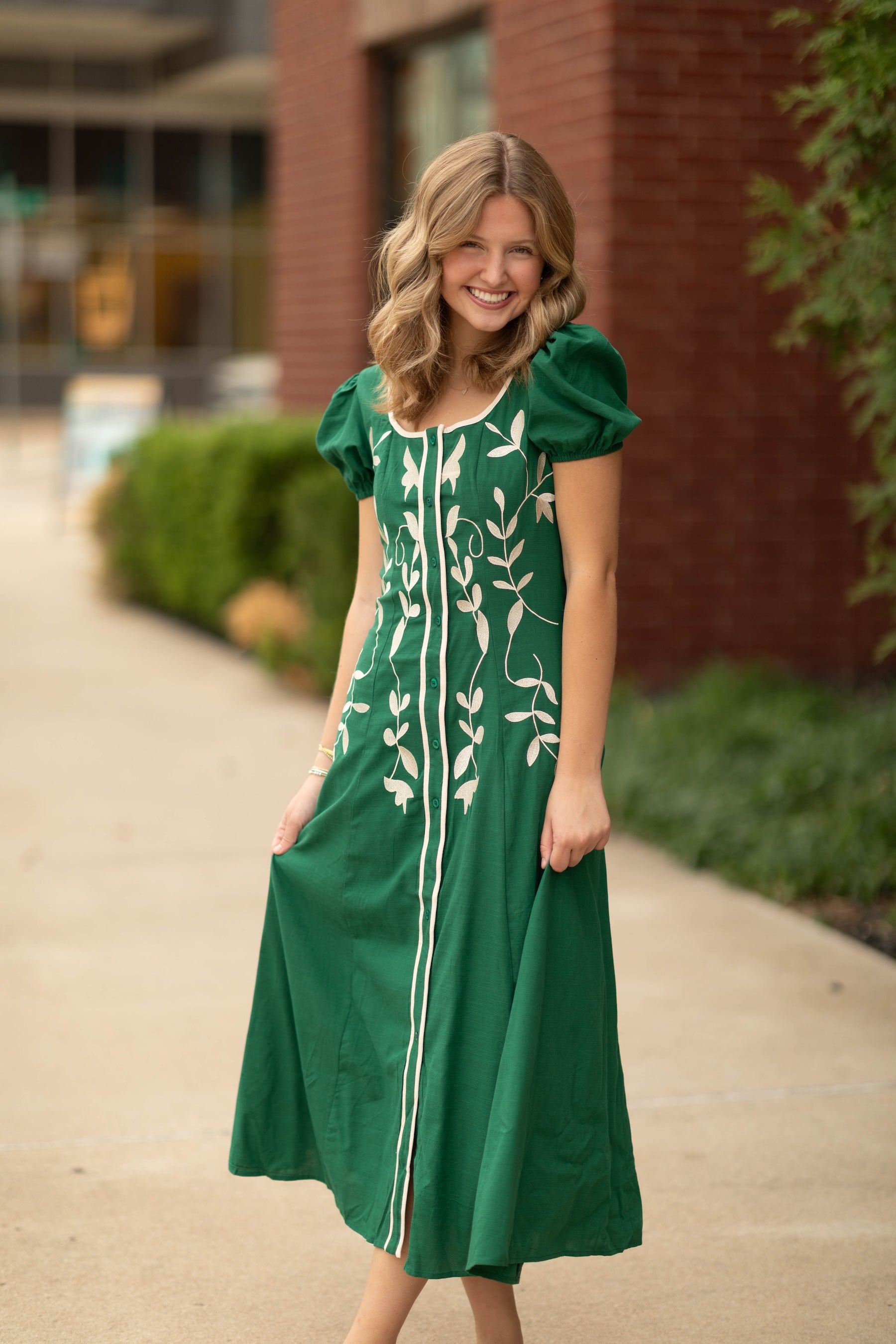 Embroidered Puff Sleeve Midi Dress