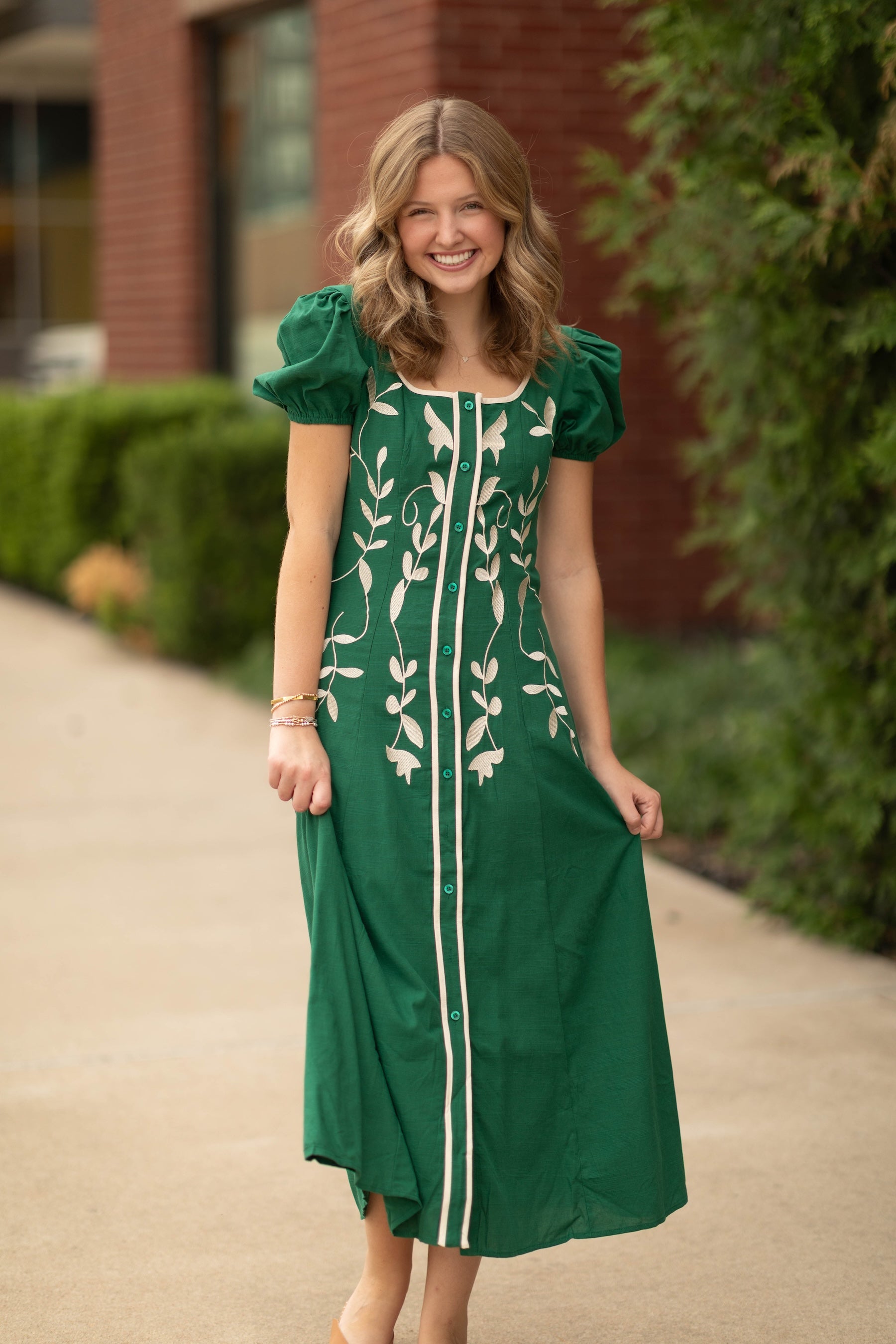 Embroidered Puff Sleeve Midi Dress