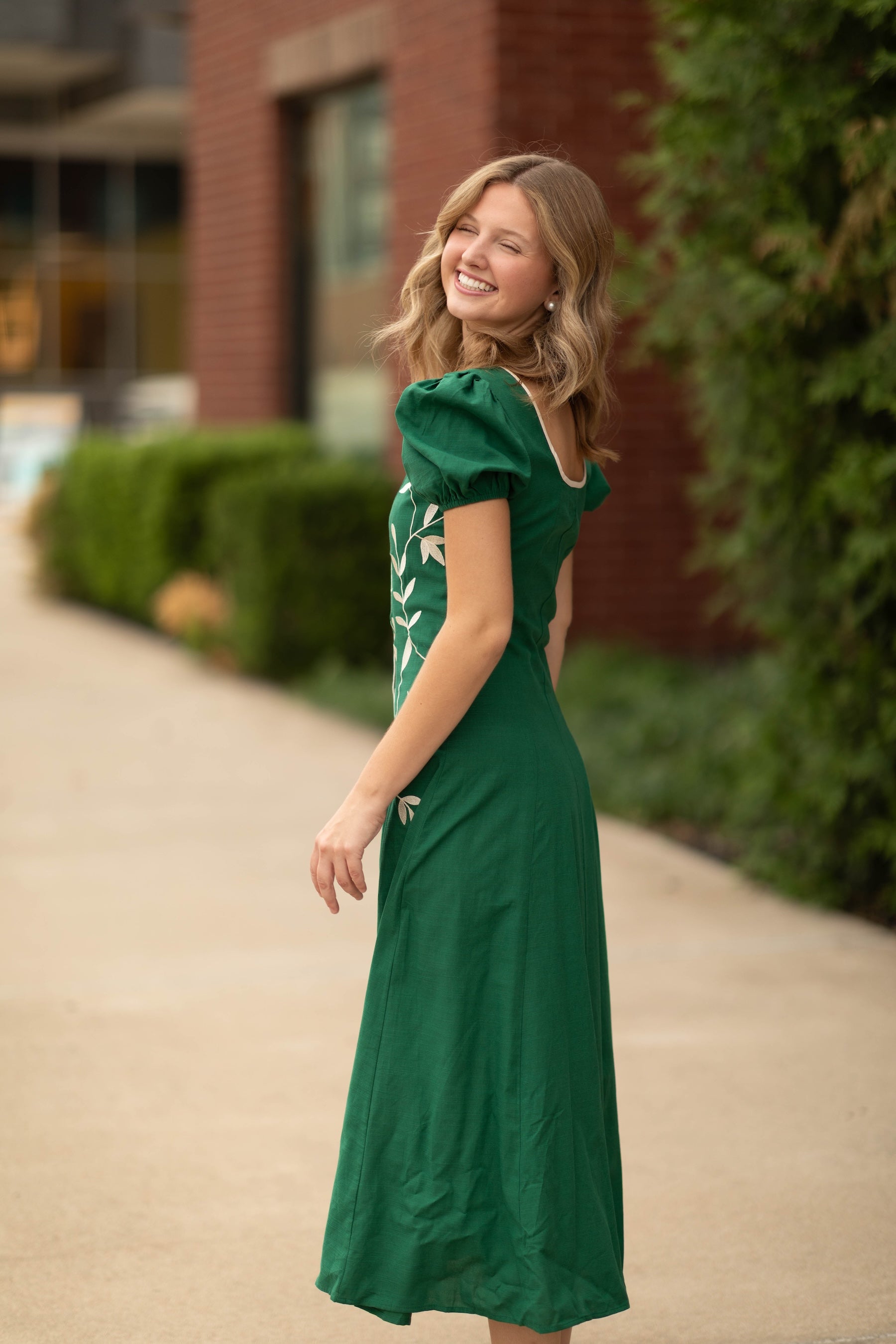 Embroidered Puff Sleeve Midi Dress