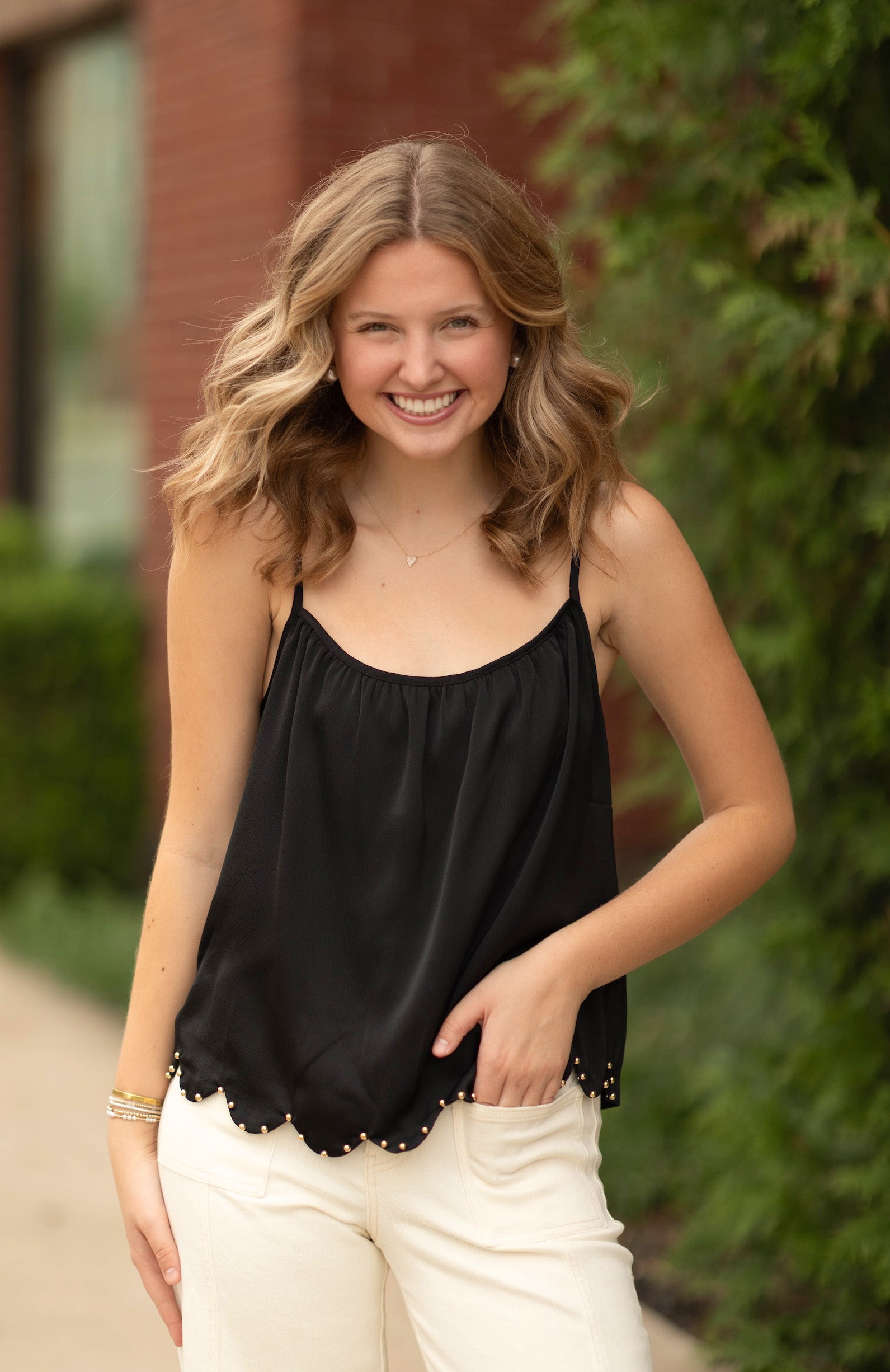 Studded Scallop Hem Textured Satin Cami