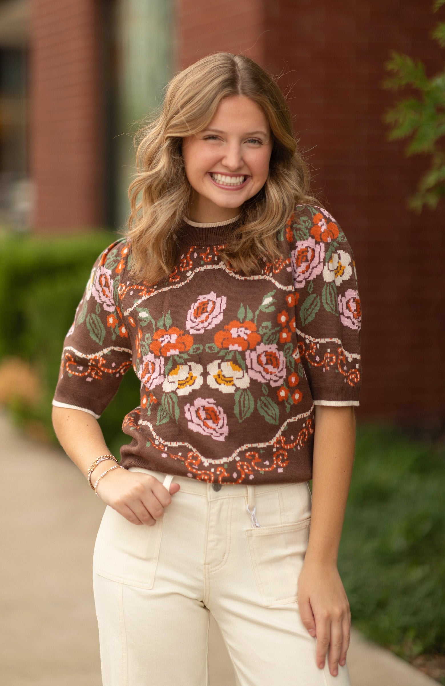 Short Sleeve Floral Print Knitted Top