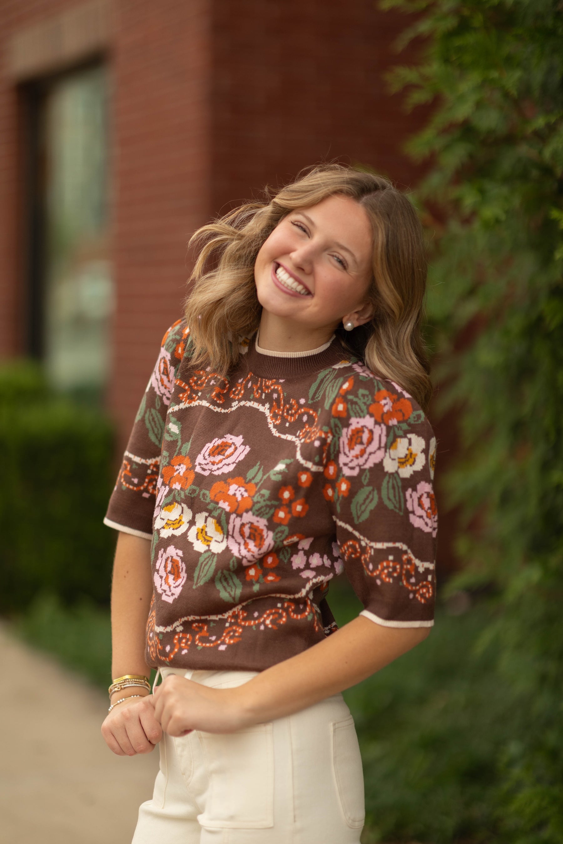 Short Sleeve Floral Print Knitted Top