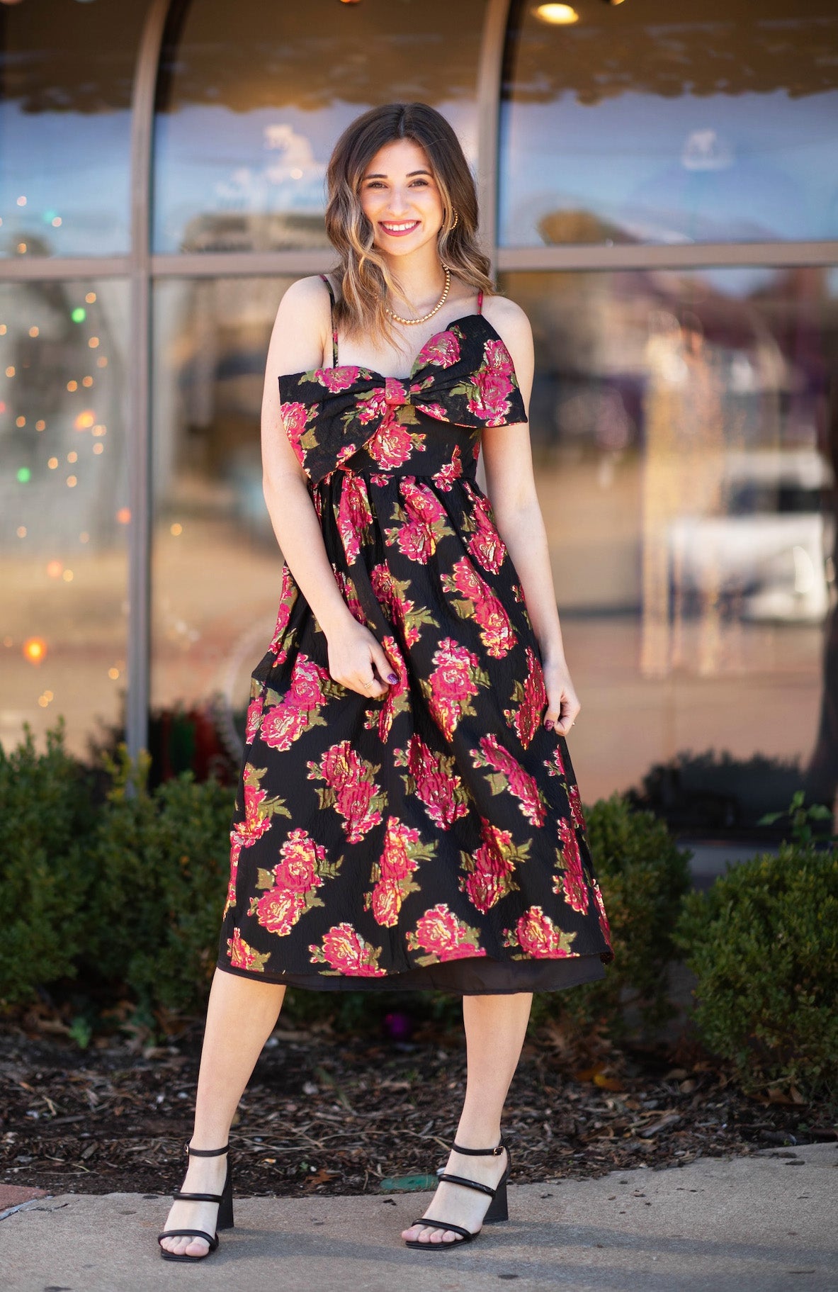 Scarlet Blossom Bow Midi Dress