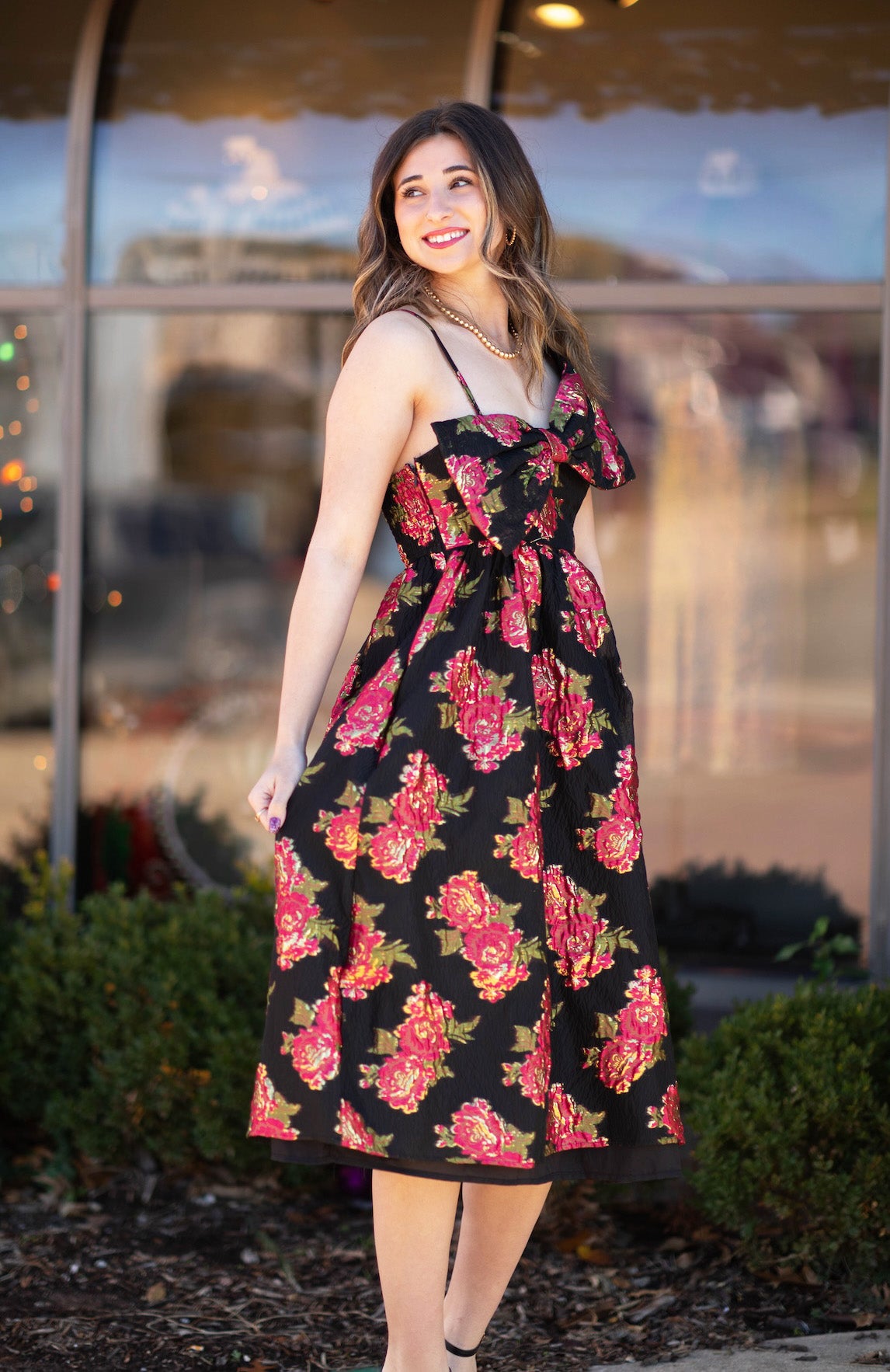 Scarlet Blossom Bow Midi Dress