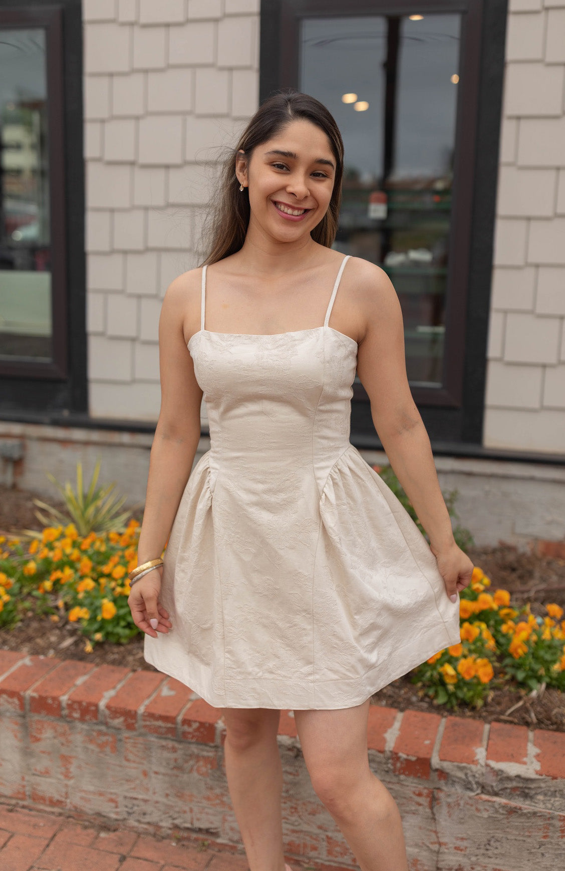 Floral Textured Pleated Side Panels Mini Dress