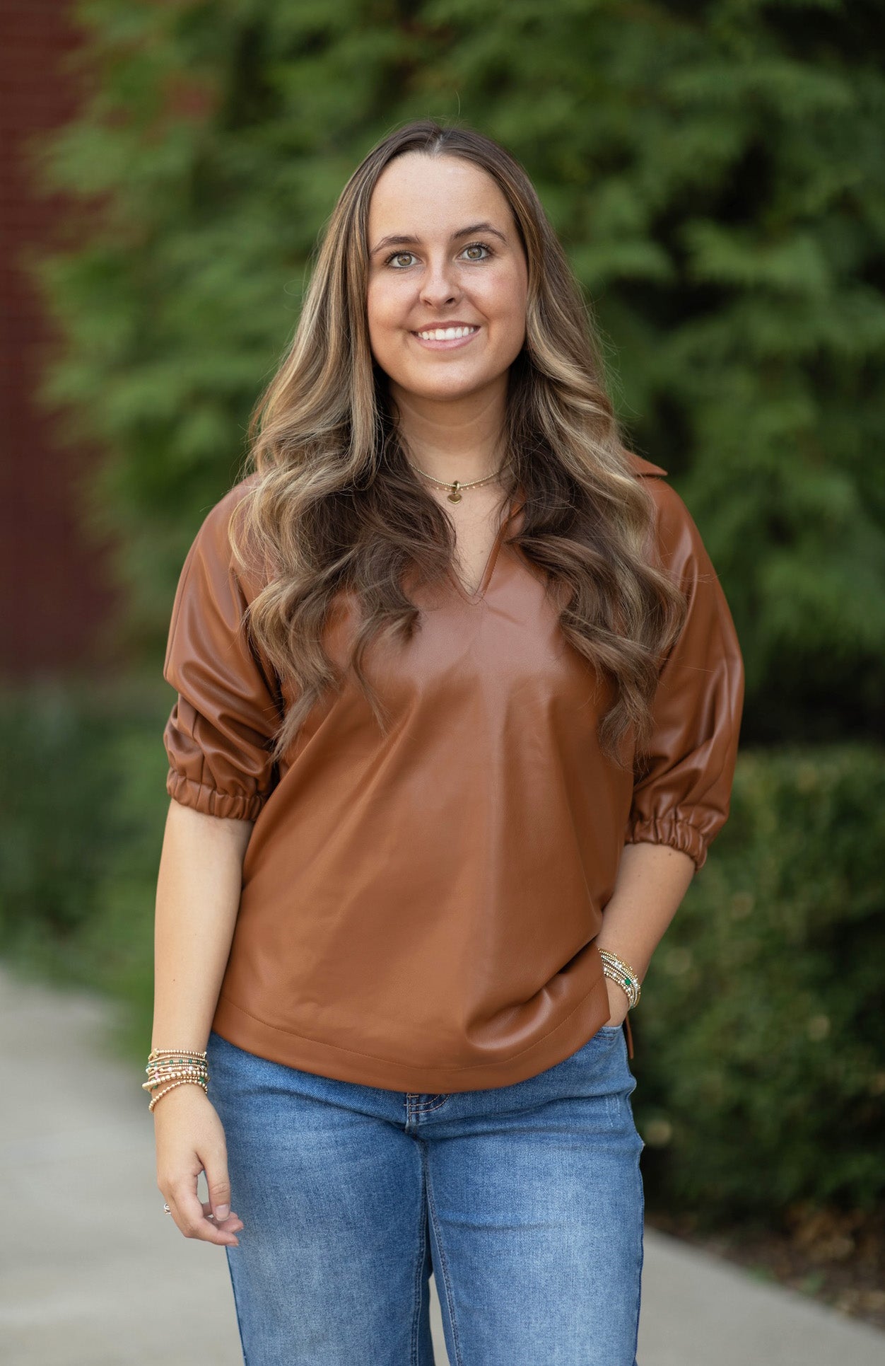 Vegan Leather V-Neck Short Sleeve Top