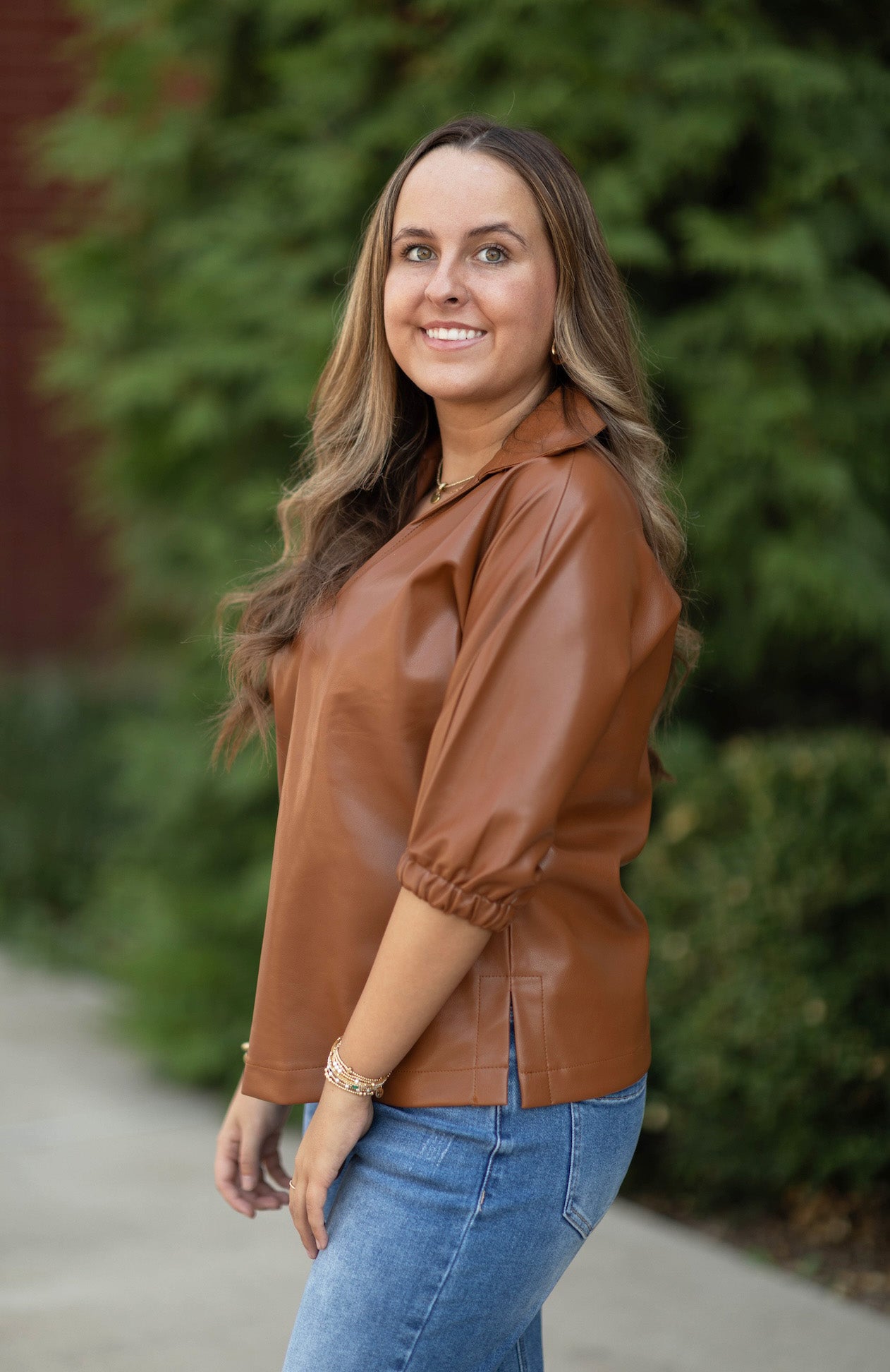 Vegan Leather V-Neck Short Sleeve Top