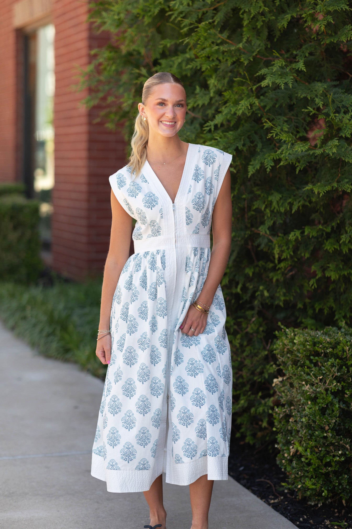 Floral Print Zipper Front Midi Dress