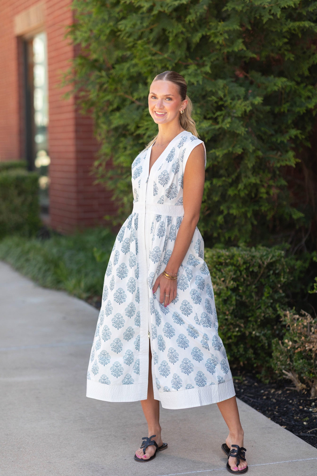 Floral Print Zipper Front Midi Dress
