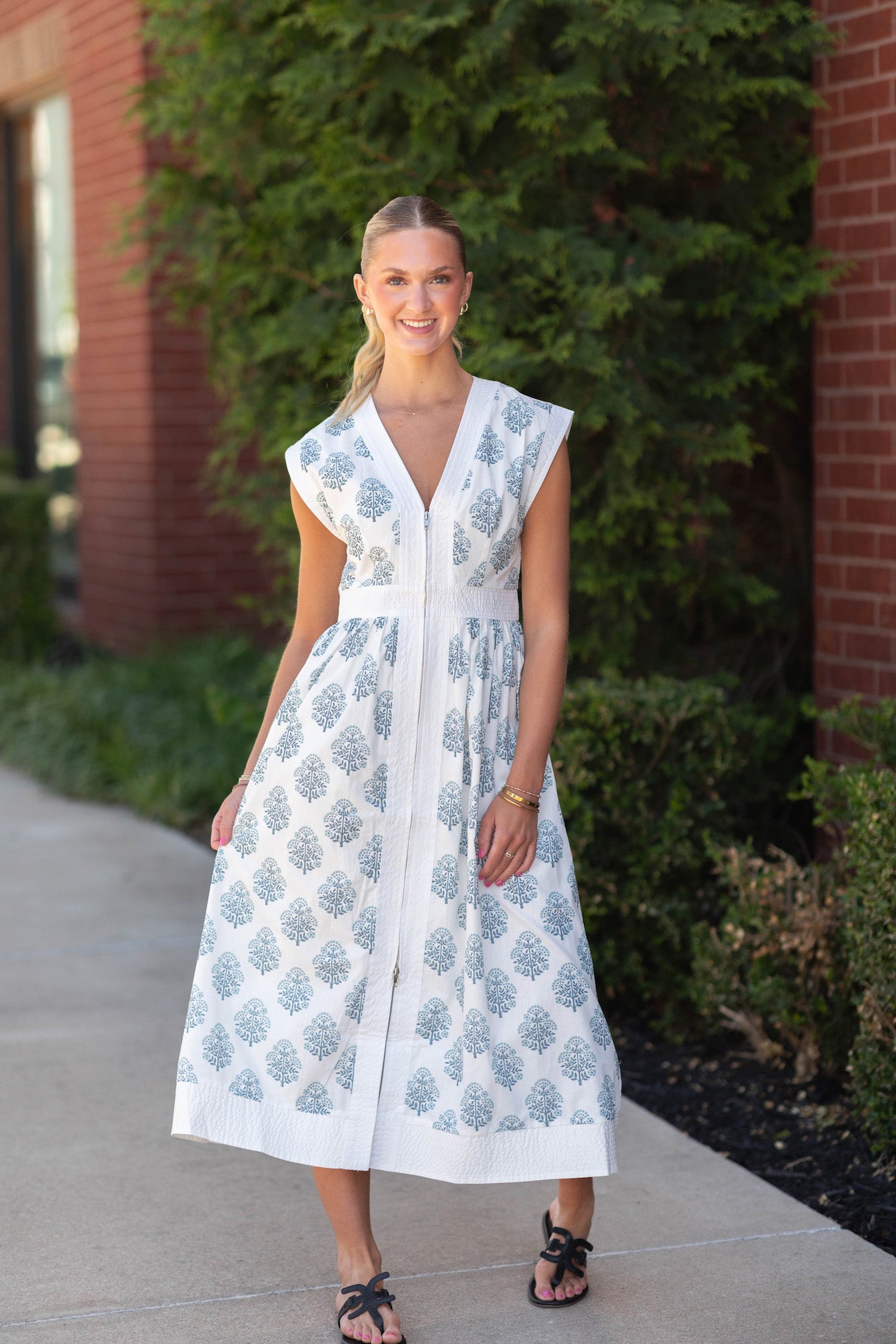 Floral Print Zipper Front Midi Dress