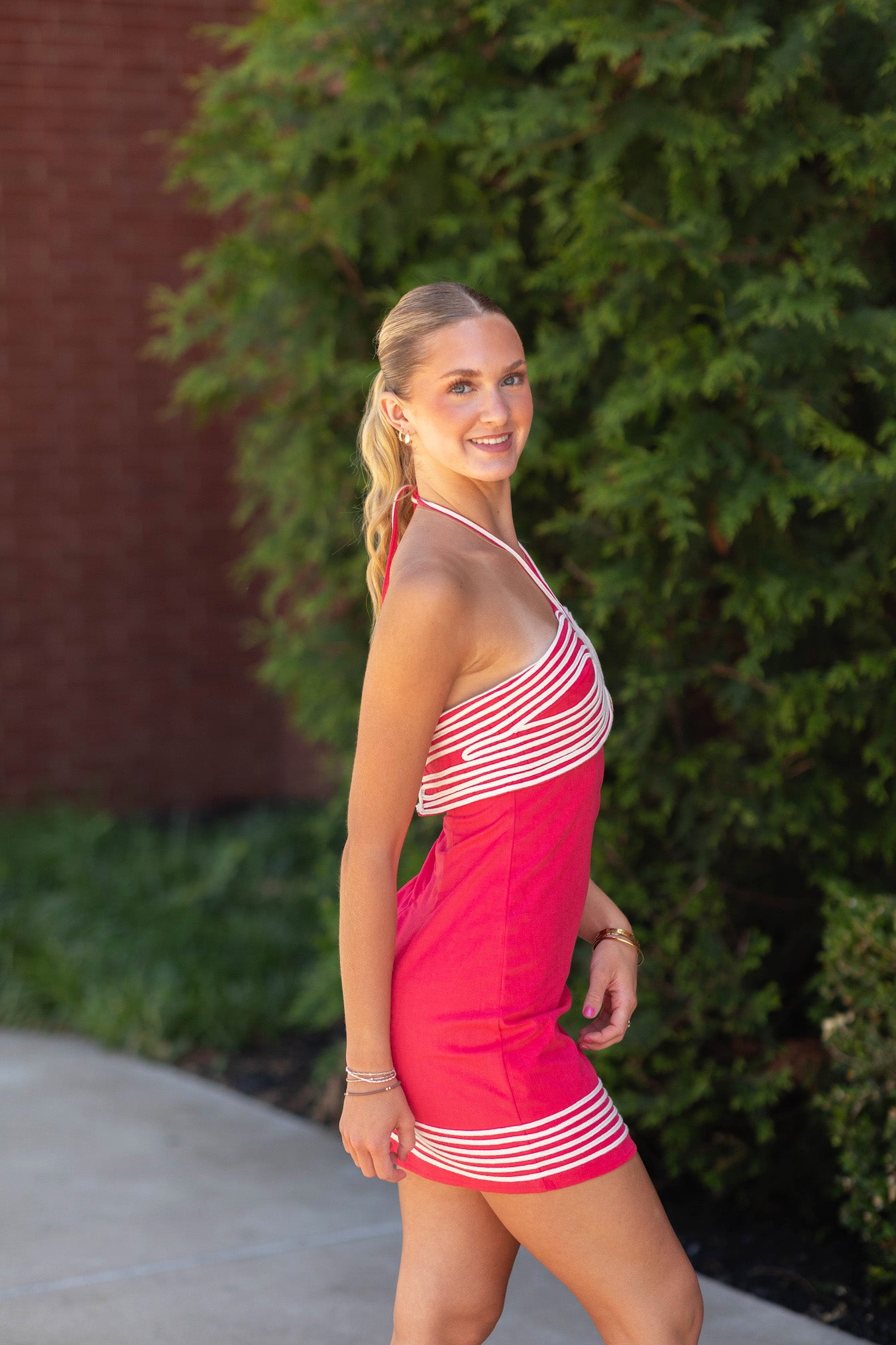 Contrast Stripe Trim Halter Mini Dress