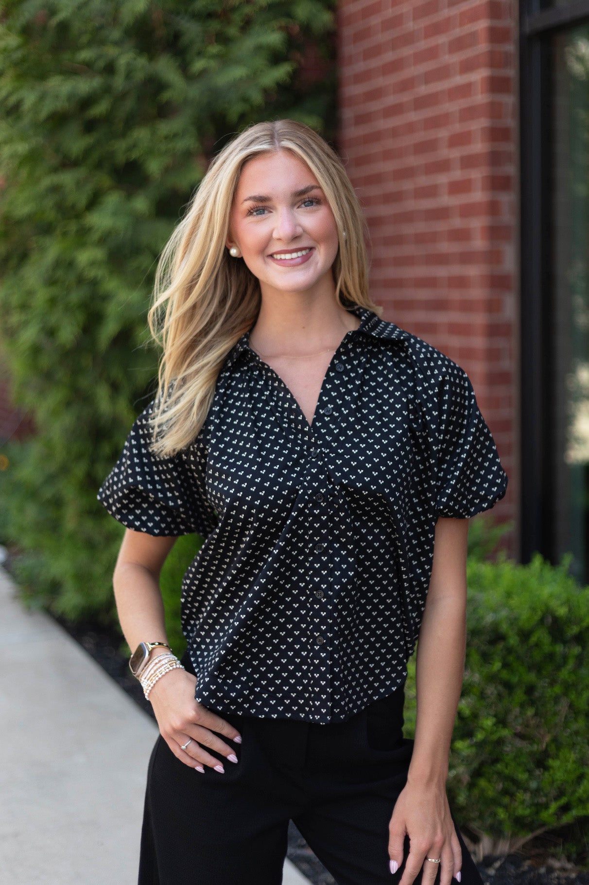 Anise Printed Bubble Sleeve Top