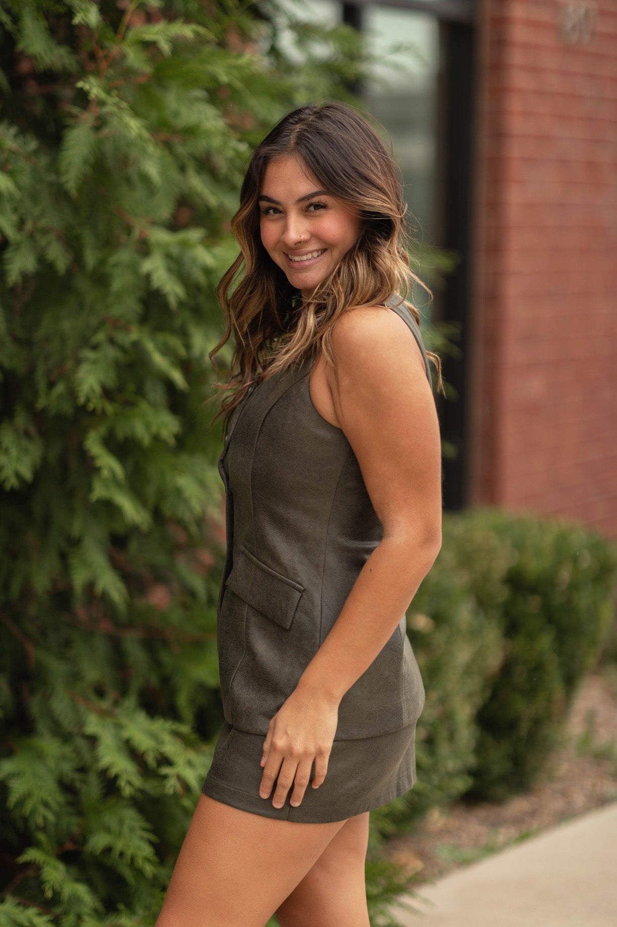 Angeline Olive Suede Romper