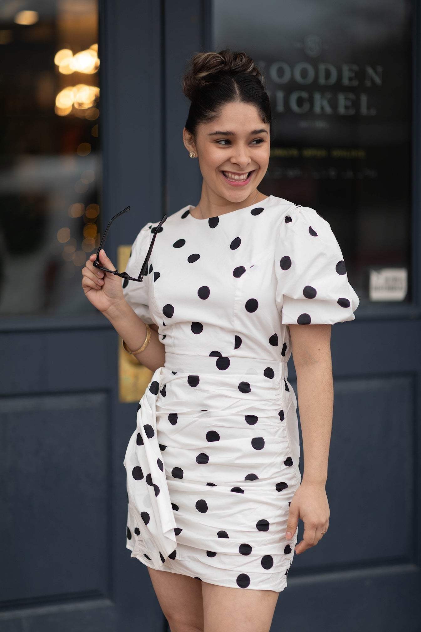 Rachel Ruched Polka Dot Voile Mini Dress
