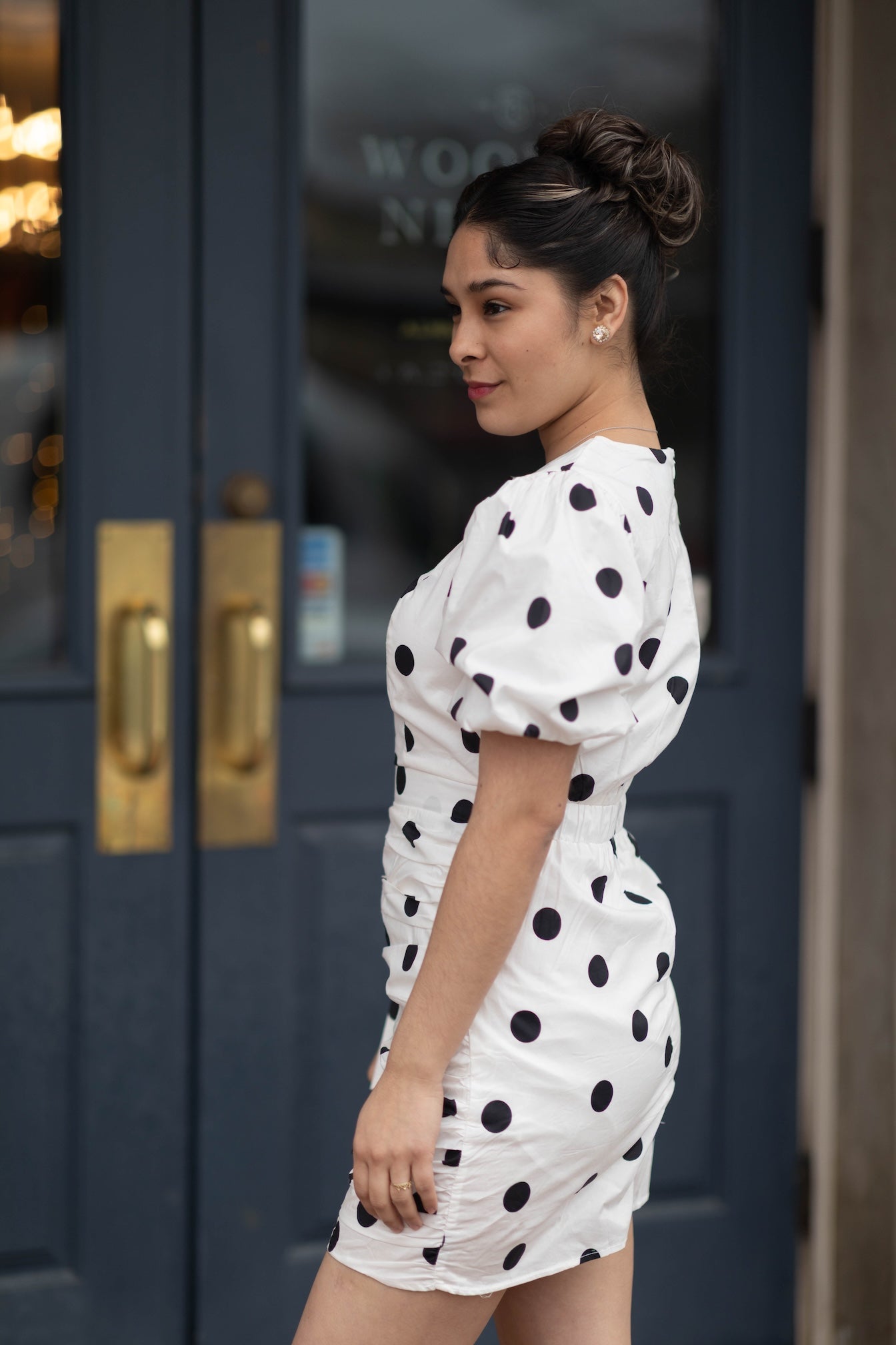 Rachel Ruched Polka Dot Voile Mini Dress