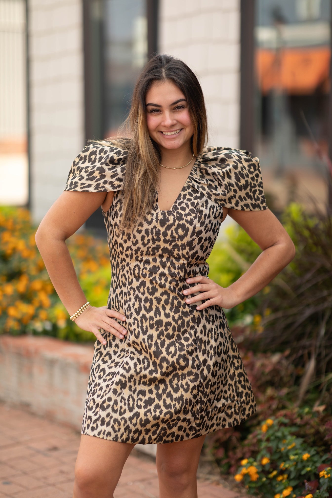 Zariah Leopard Gathered Sleeve Mini Dress