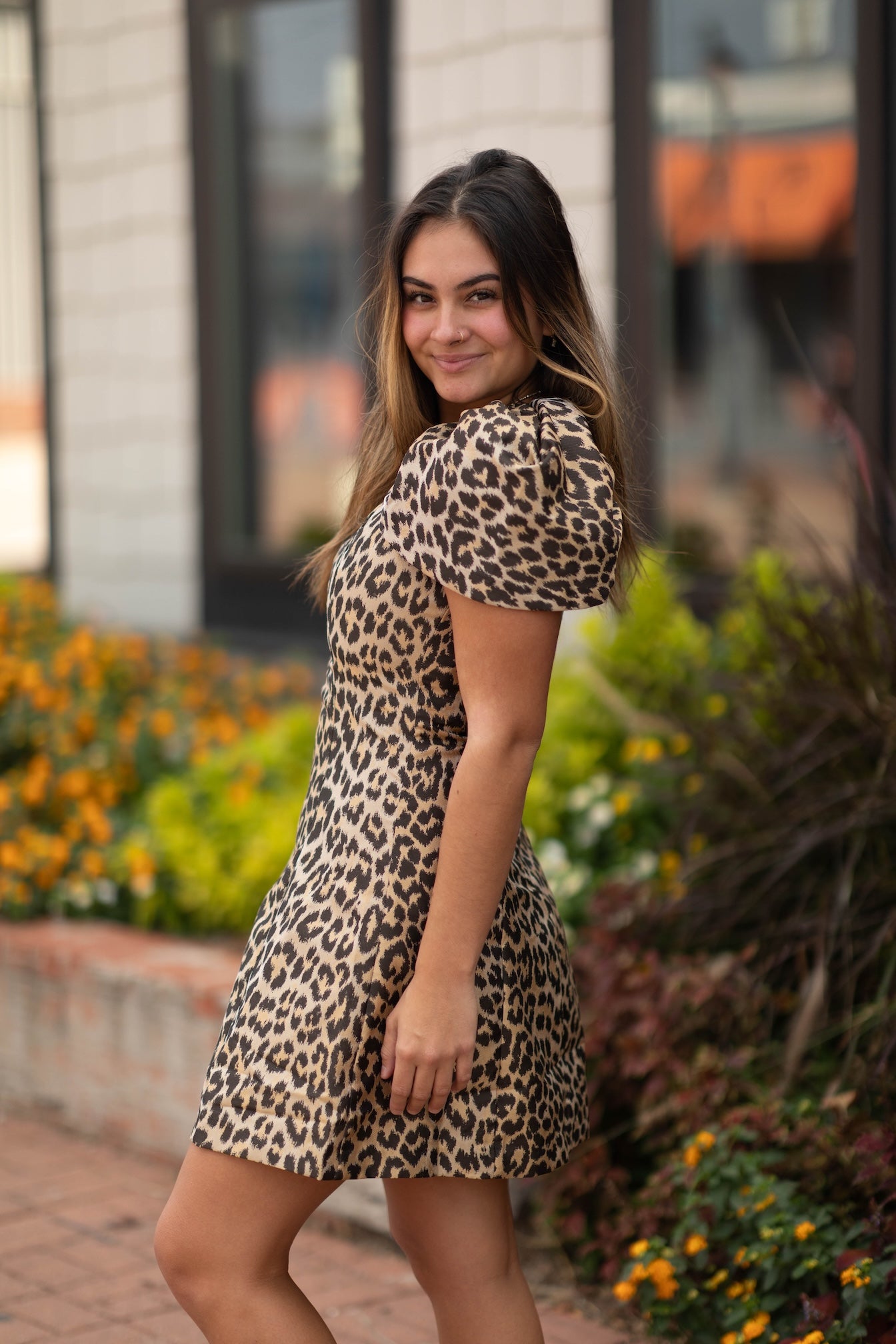 Zariah Leopard Gathered Sleeve Mini Dress