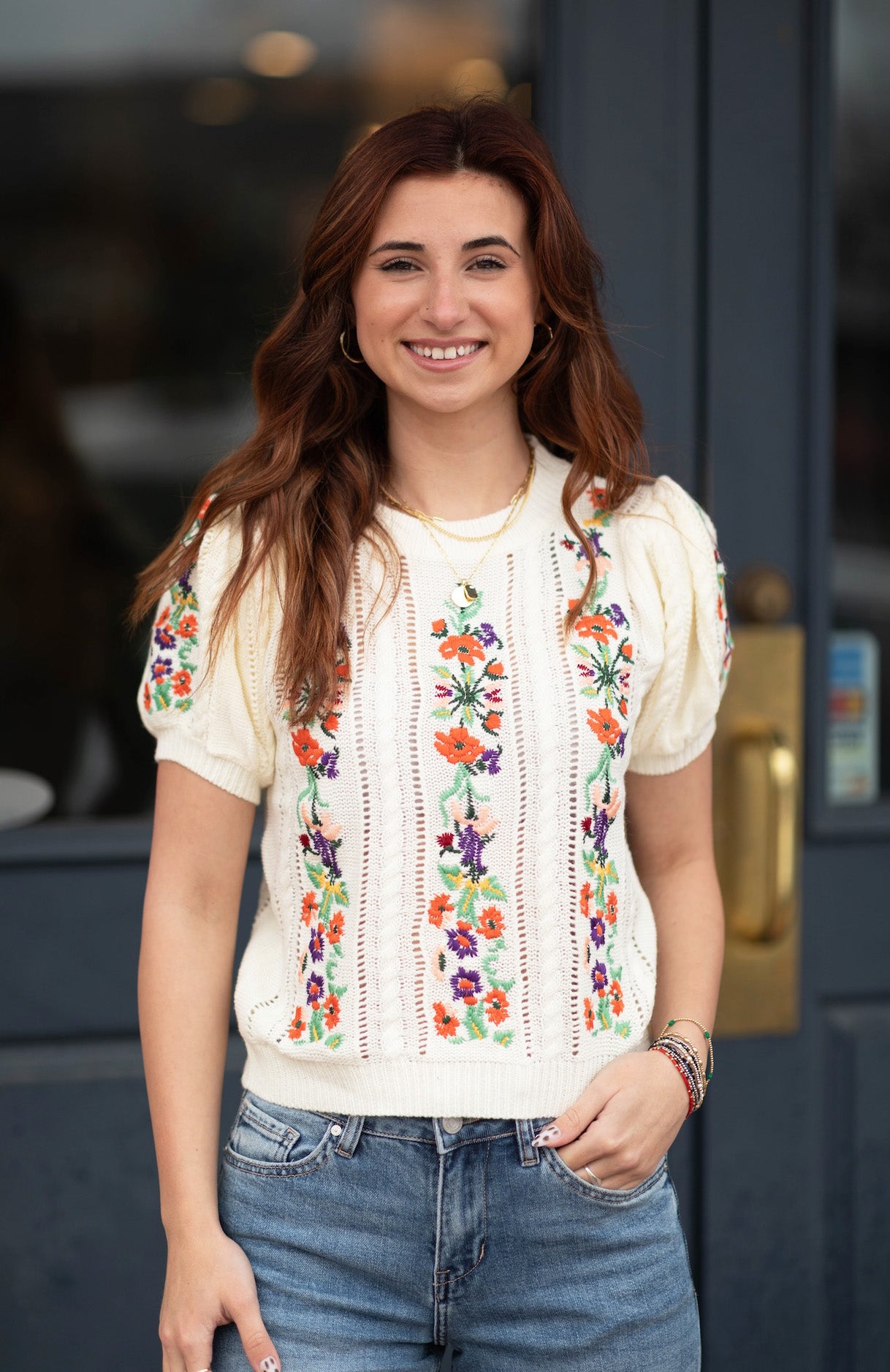 Fancy Floral Embroidered Pointelle Knitted Top