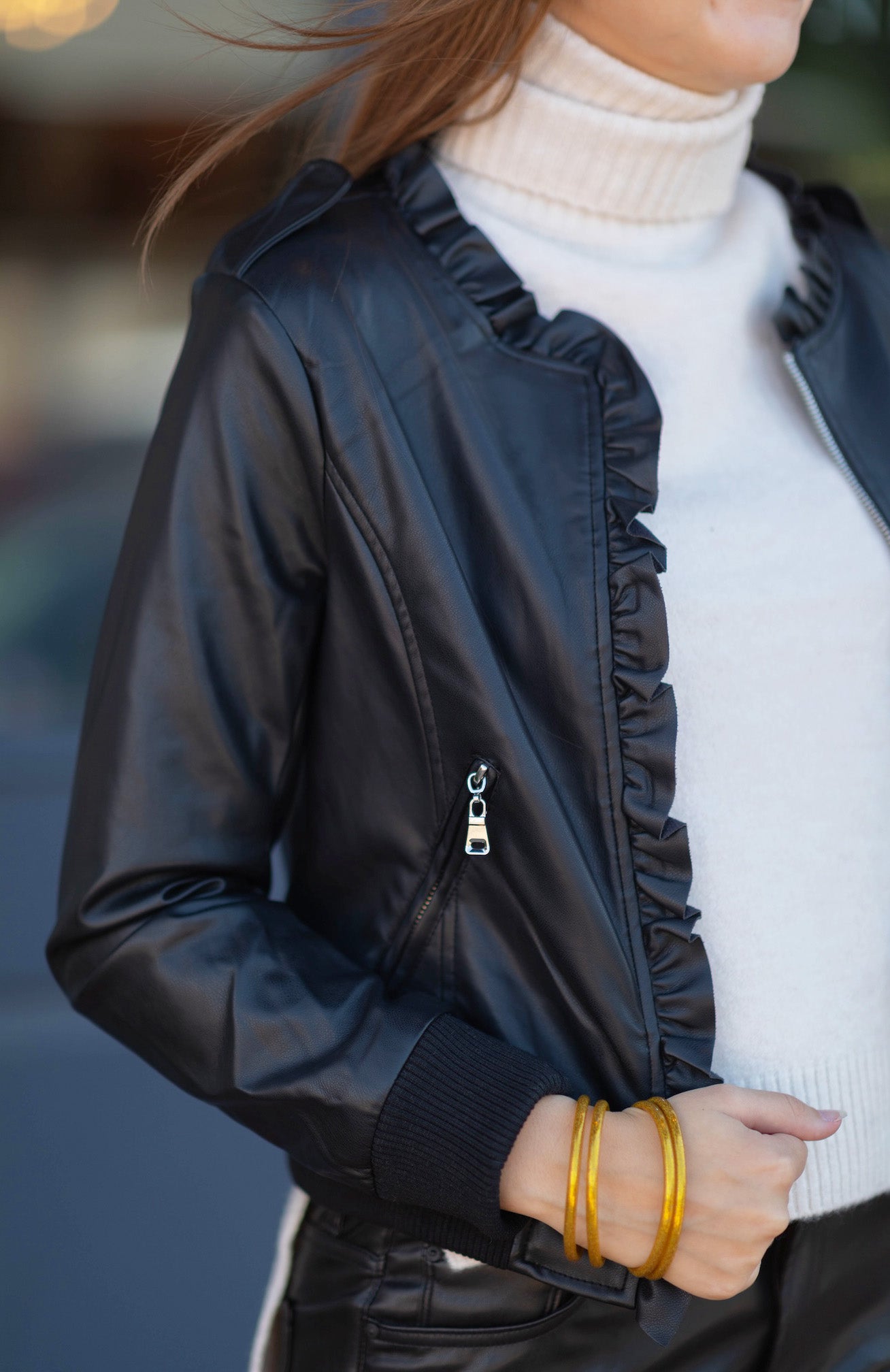 Ruffle Trim Vegan Bomber Jacket