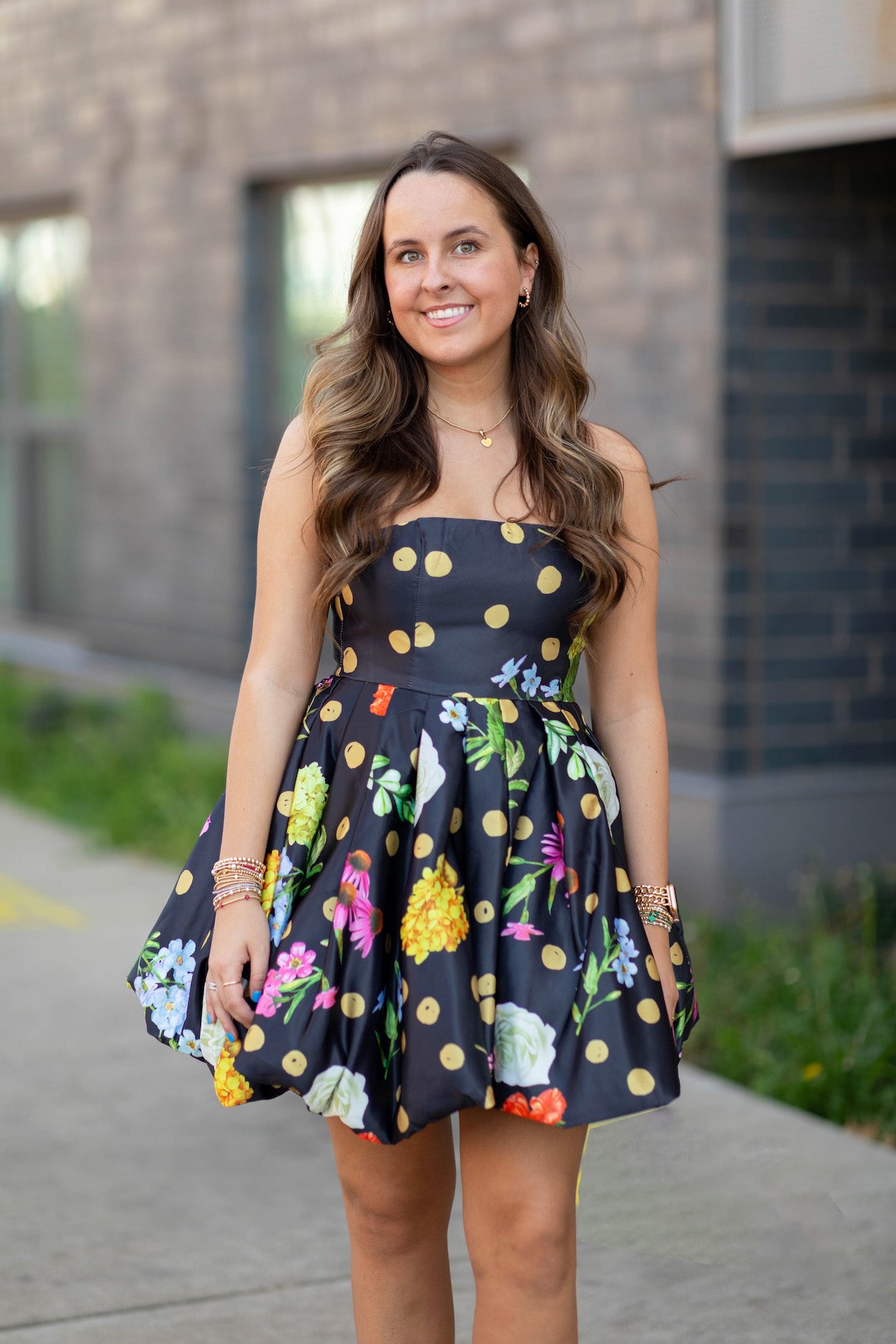 Bubble Hem Floral Dot Print Strapless Mini Dress