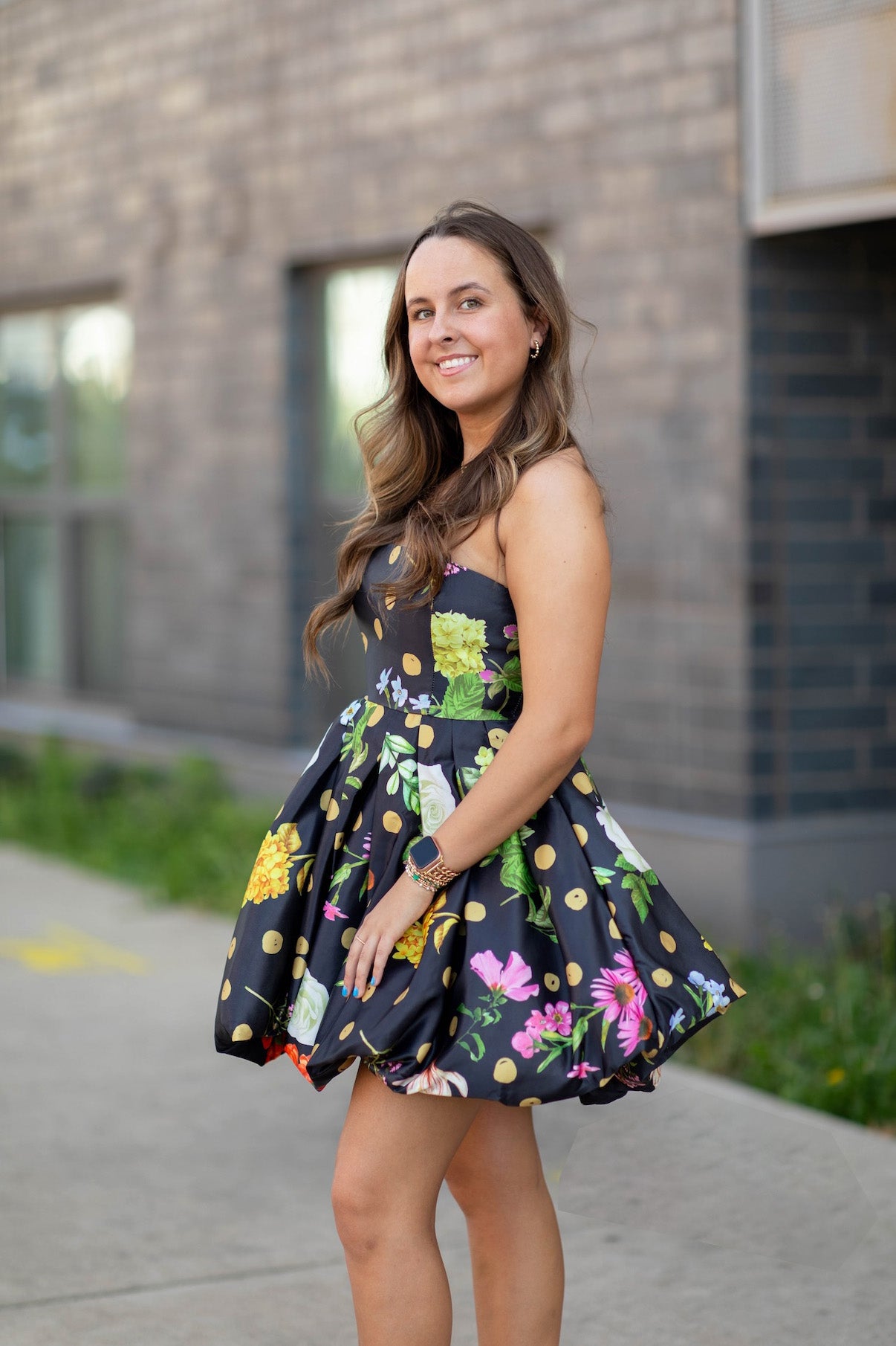 Bubble Hem Floral Dot Print Strapless Mini Dress