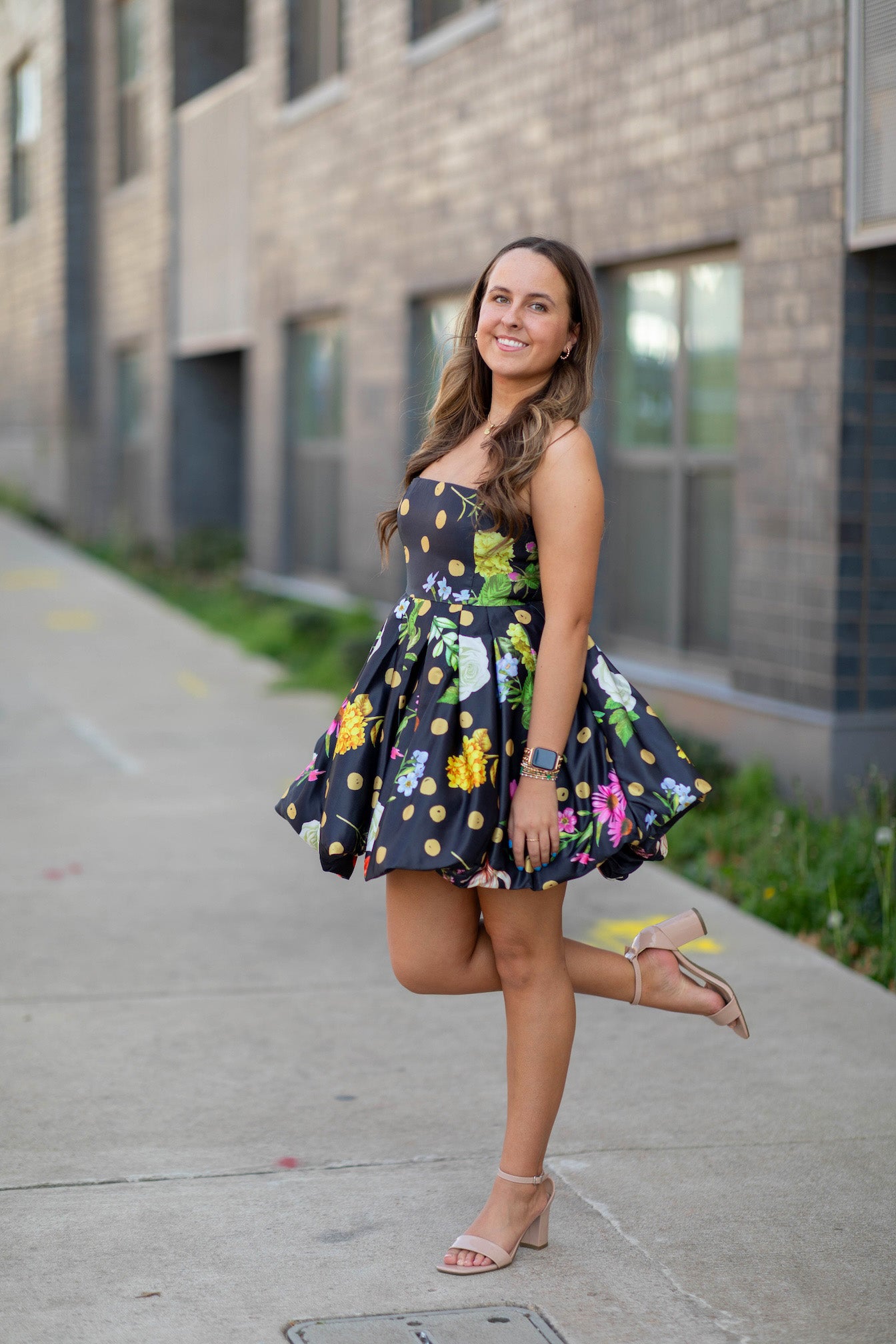 Bubble Hem Floral Dot Print Strapless Mini Dress