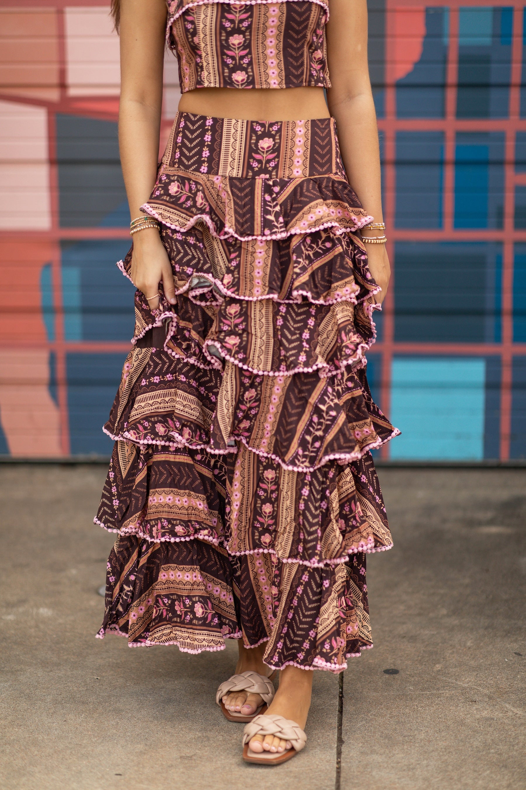Floral Print Tiered Ruffle Maxi Skirt