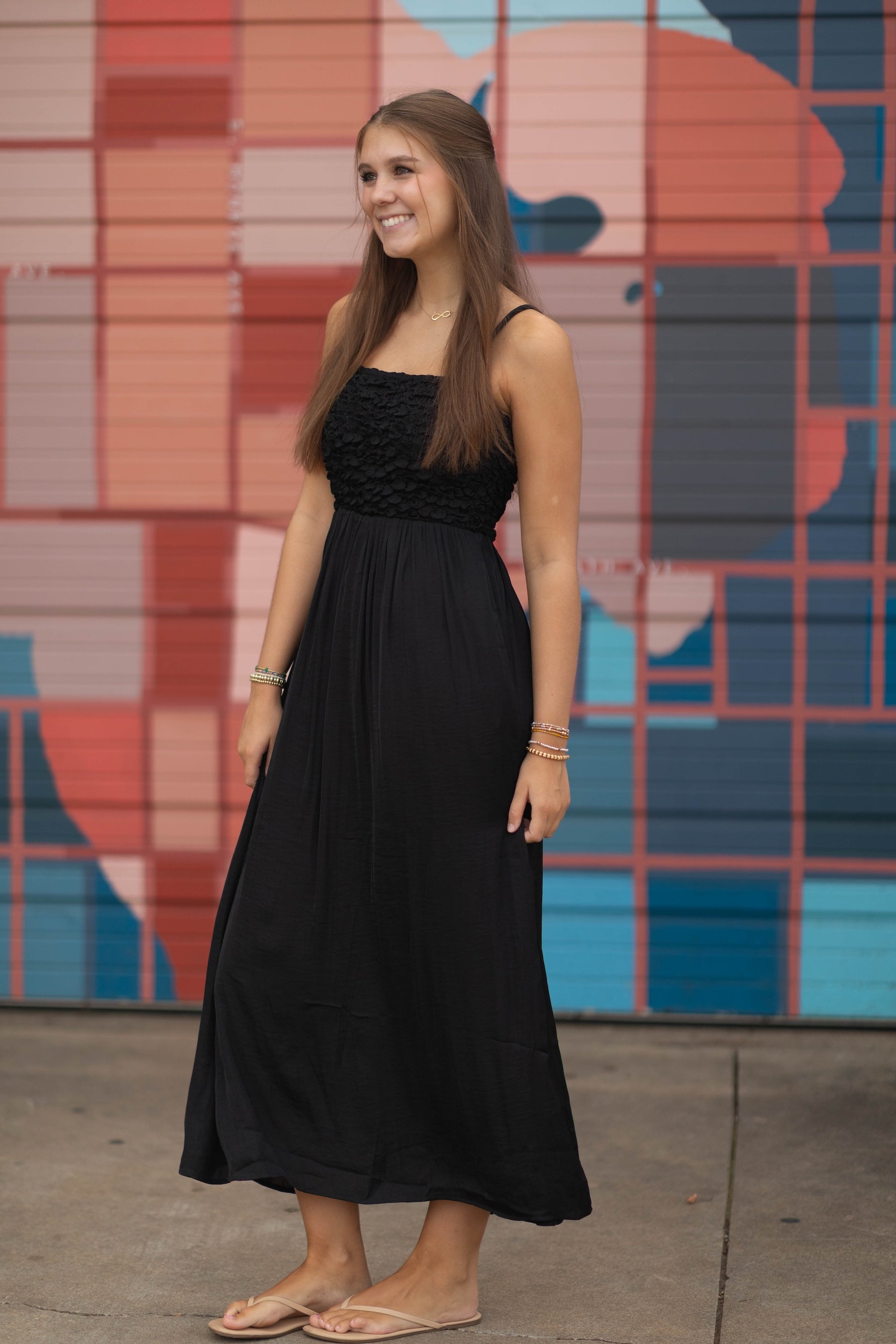 Smocked Maxi Dress with Cord Strap Detail