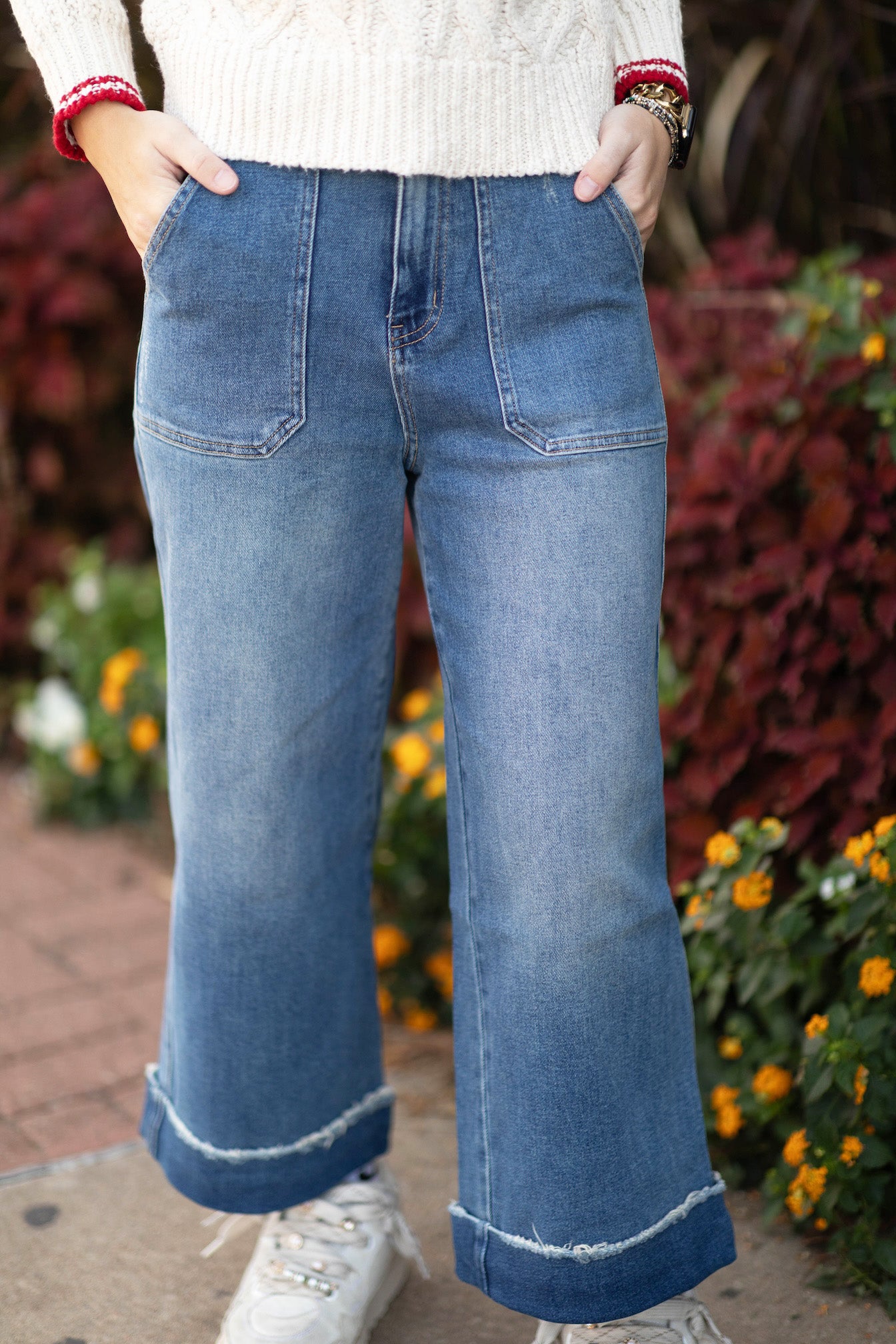 High Rise Wide Leg Utility Pockets and Cuff Jeans