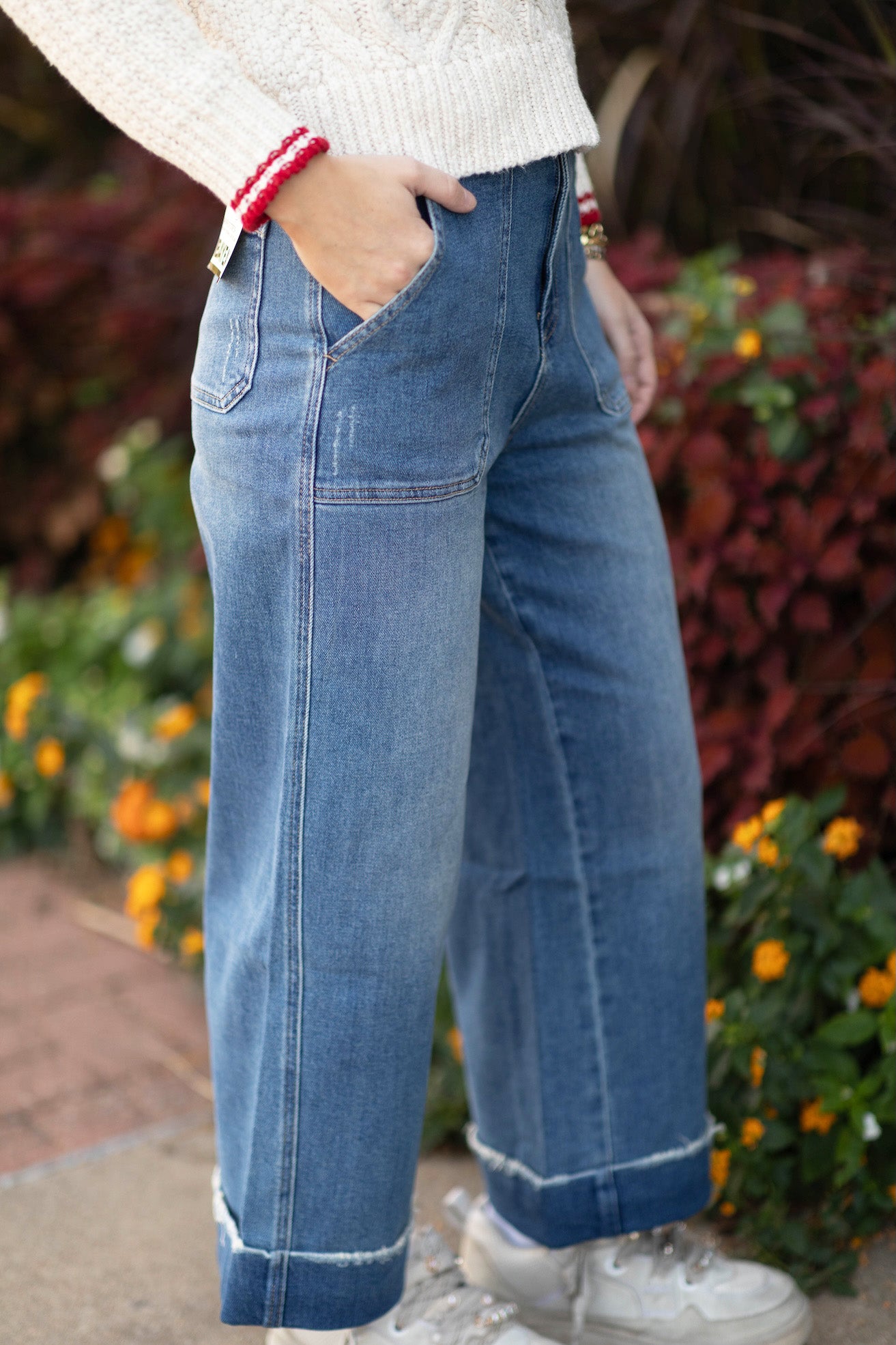 High Rise Wide Leg Utility Pockets and Cuff Jeans