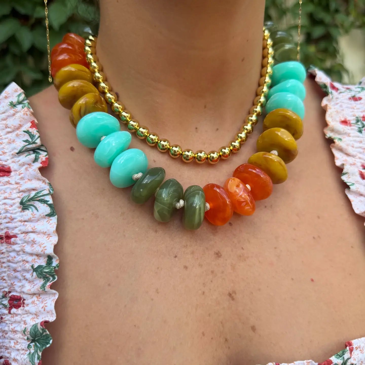 Delray Chunky Beaded Necklace - Turquoise/Orange