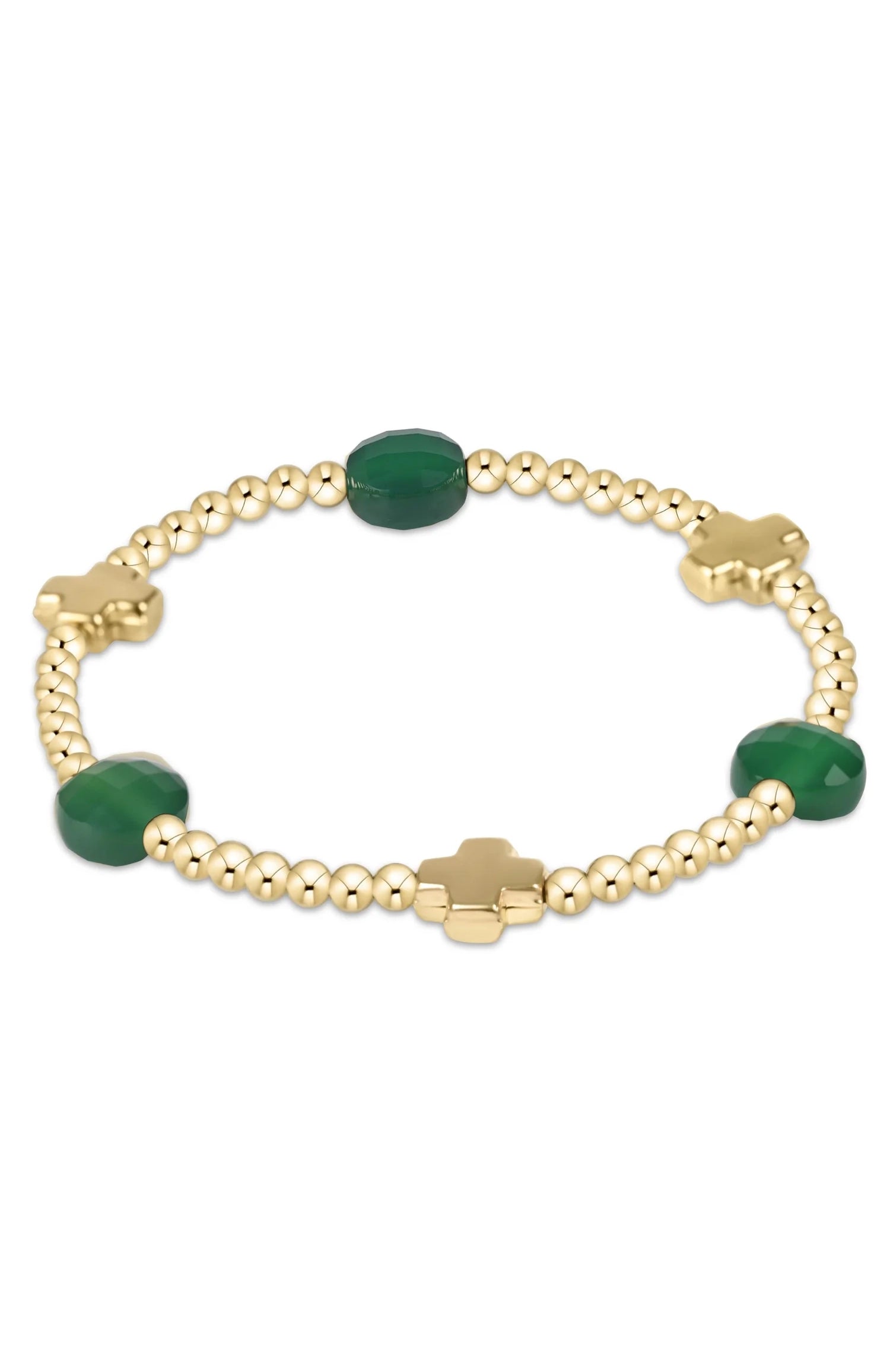 Signature Cross Admire Gold Pattern 3mm Bead Bracelet - Green Onyx