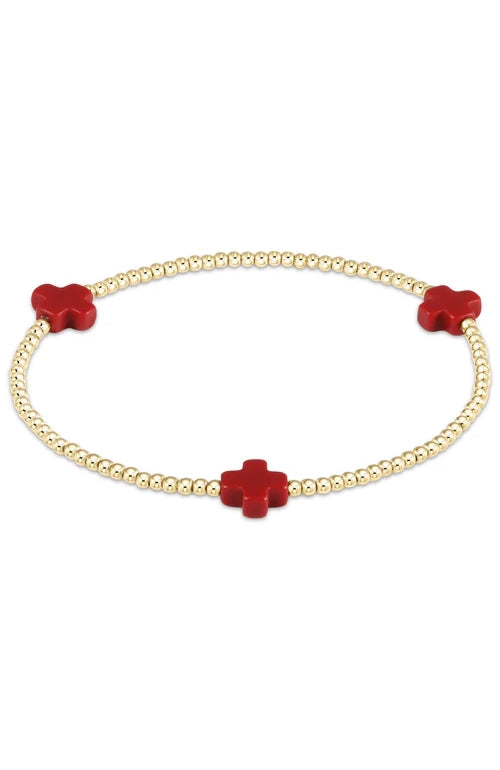 Signature Cross Small Gold Pattern 2mm Bead Bracelet - Red