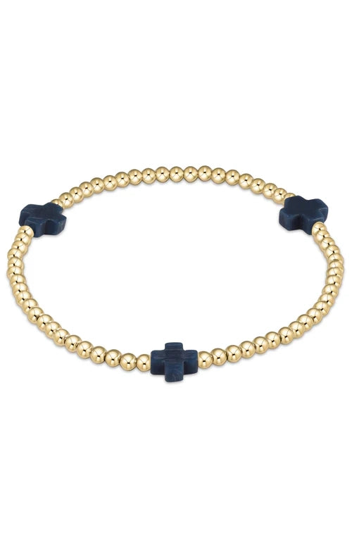 Signature Cross Gold Pattern 3mm Bead Bracelet - Navy