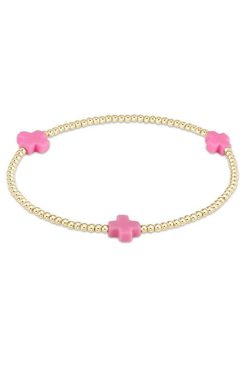 Signature Cross Small Gold Pattern 2mm Bead Bracelet - Bright Pink