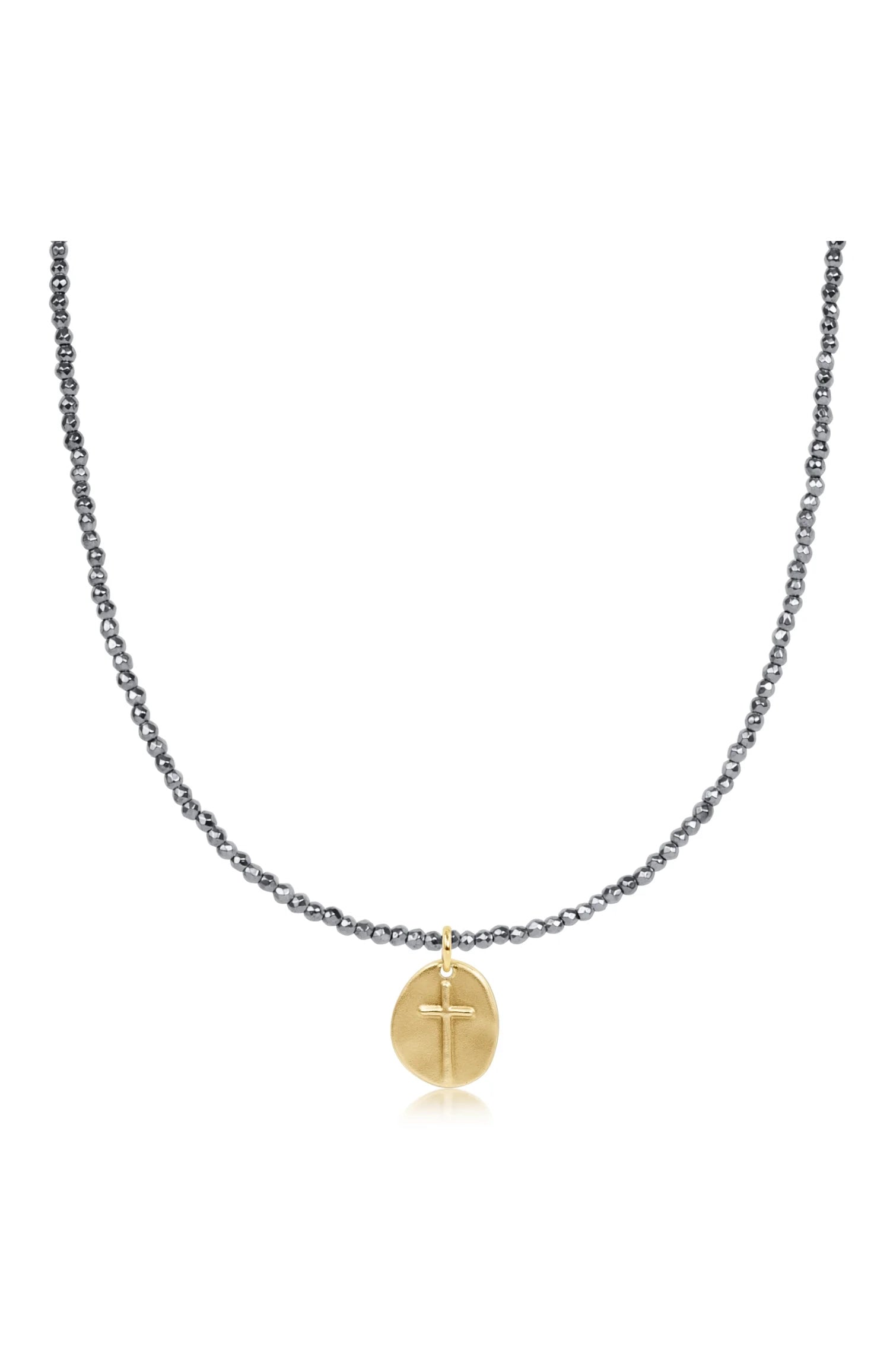 17" Choker Silver Faceted Hematite 2mm Bead - Inspire Small Gold Charm