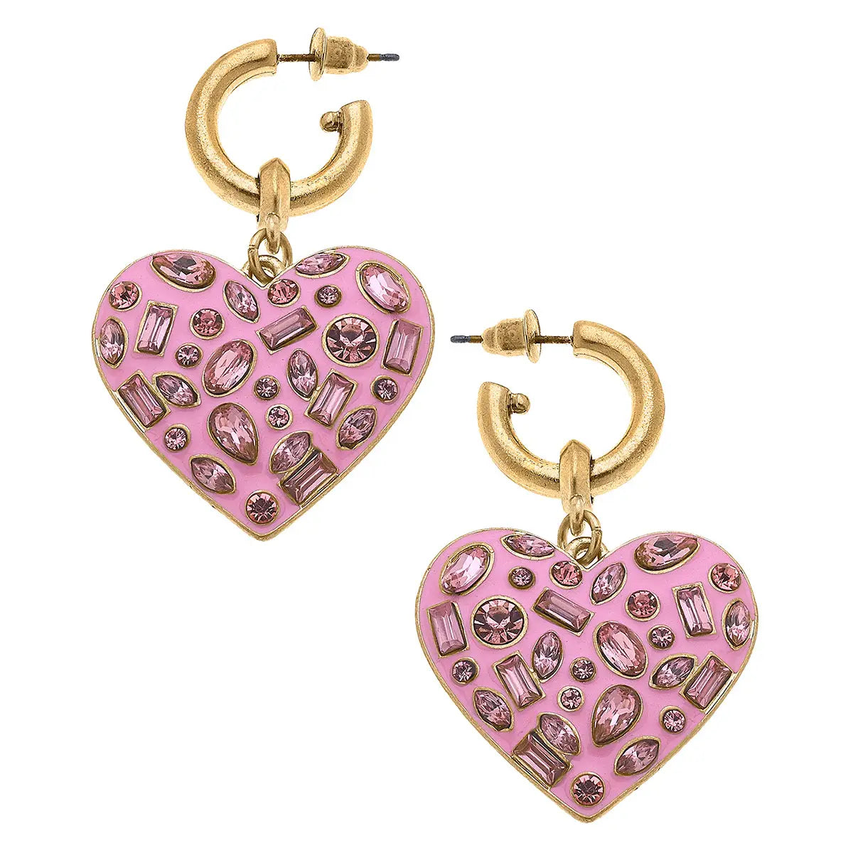 Jeweled Heart Drop Earrings Pink
