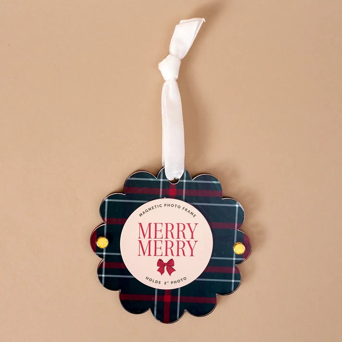 Scalloped Round Picture Frame Ornament - Evergreen Plaid